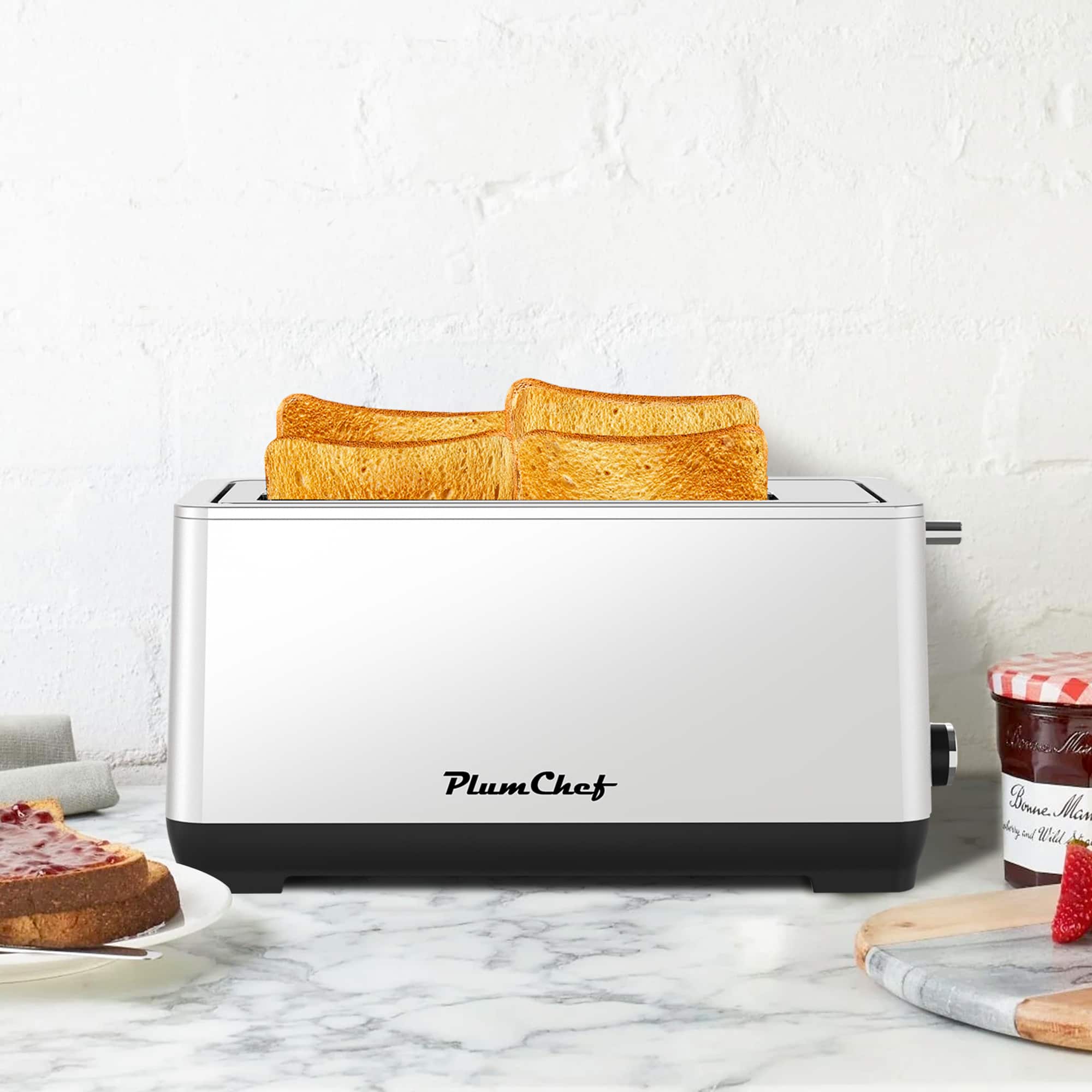 Akoasm - 4-Slice Extra Wide Long Slot Toaster, 1500W – 6 Browning Settings, Bagel/Defrost/Reheat, Removable Crumb Tray - Silver