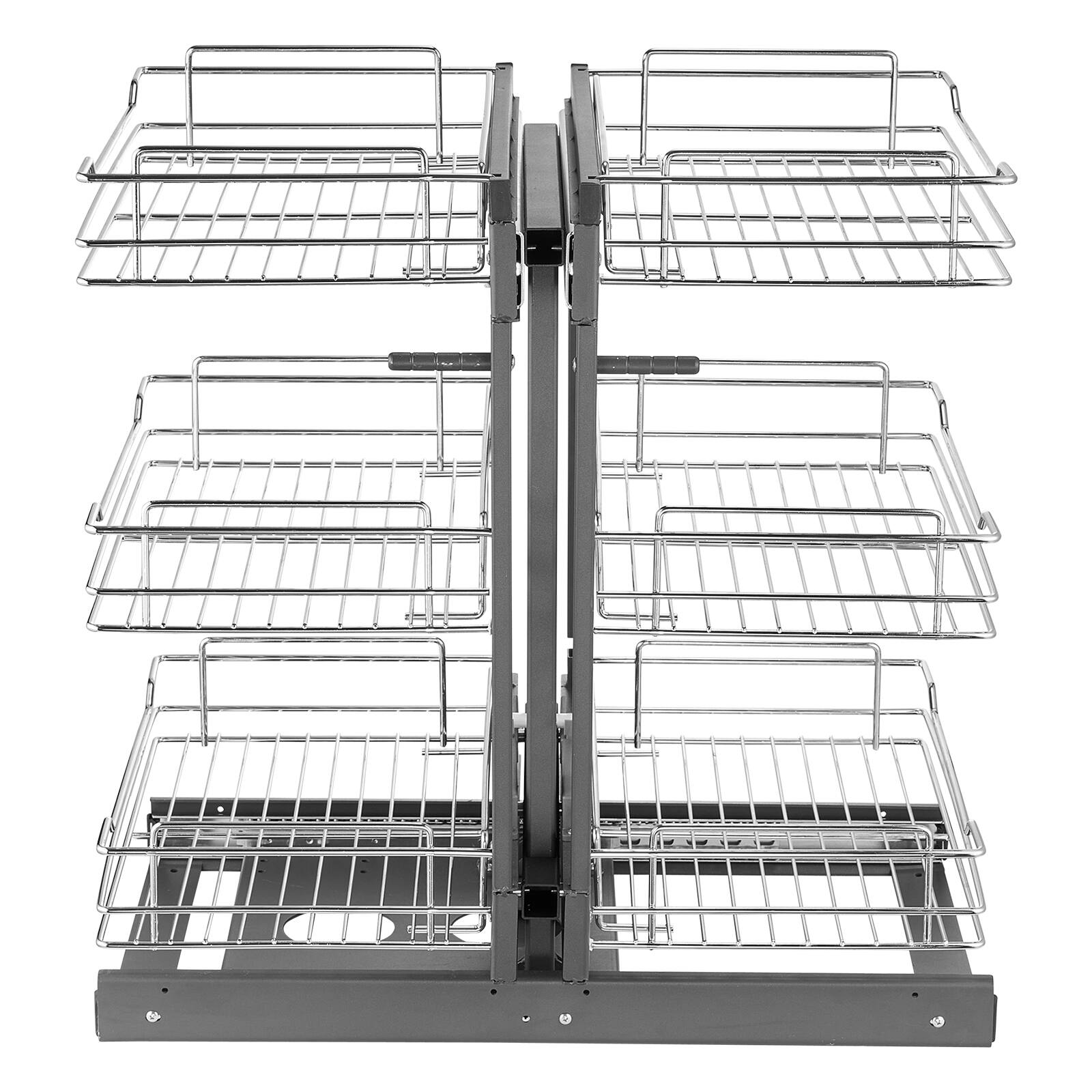 Front. VEVOR - Min 15"W Opening Blind Corner Pull Out Organizer, 3 Tier 6 Shelf Kitchen Cabinet Organizer, Chrome Carbon Steel - Silver.
