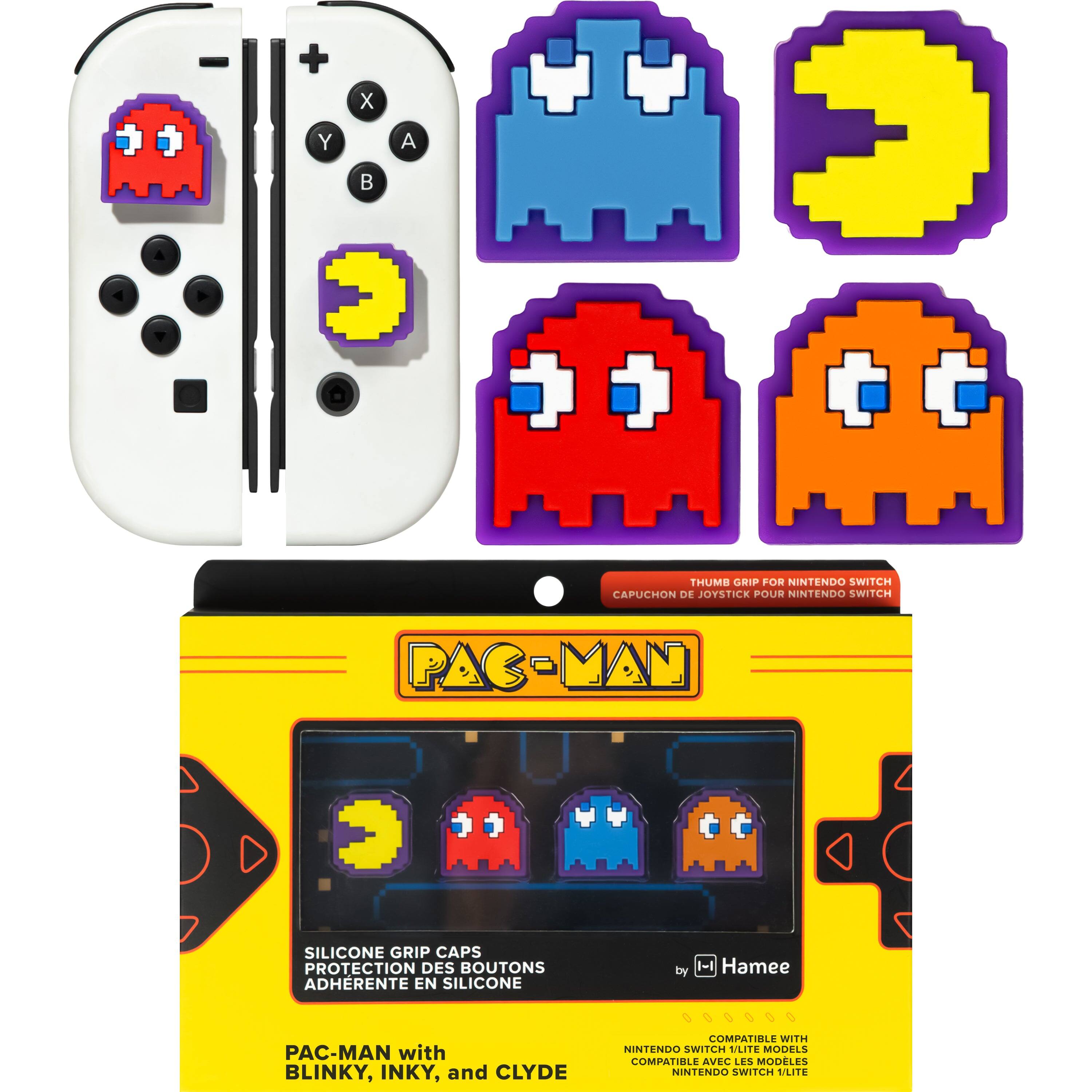 X  
Y  
A  
B  

THUMB GRIP FOR NINTENDO SWITCH  
CAPUCHON DE JOYSTICK POUR NINTENDO SWITCH  

PAC-MAN  
SILICONE GRIP CAPS  
PROTECTION DES BOUTONS ADHÉRENTE EN SILICONE  

by  
H Hamee  

PAC-MAN with BLINKY, INKY, and CLYDE  

COMPATIBLE WITH NINTENDO SWITCH LITE MODELS  
COMPATIBLE AVEC LES MODÈLES NINTENDO SWITCH LITE