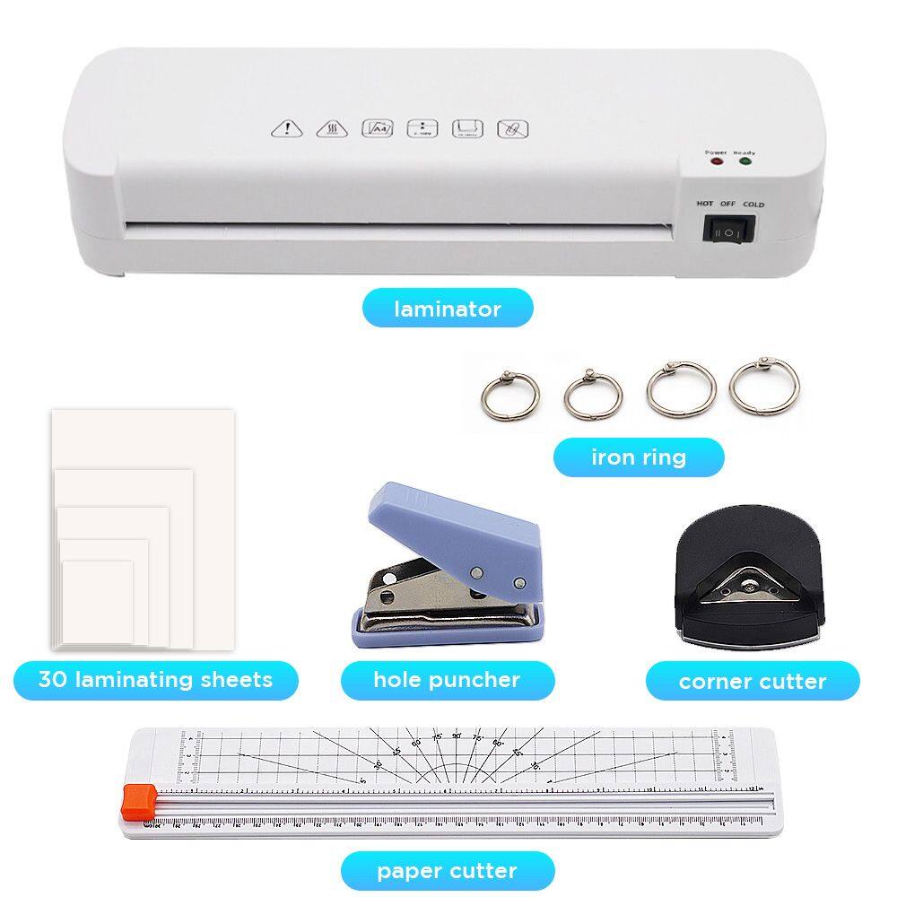 - Laminator
- 30 laminating sheets
- Iron ring
- Hole puncher
- Corner cutter
- Paper cutter