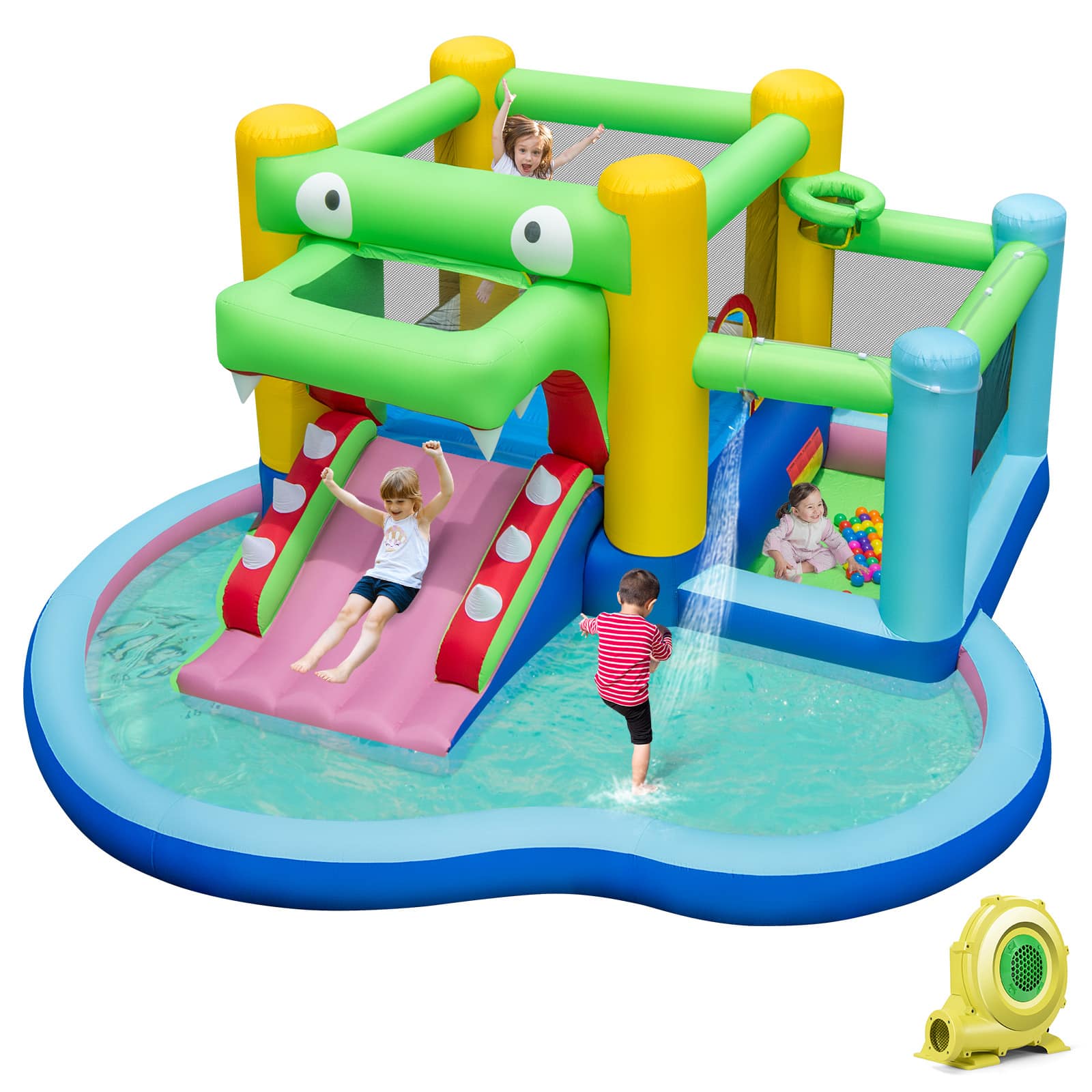 Ecooso - Inflatable Bounce House Water Park w/ Slide & Splash Pool, 680W Blower Included