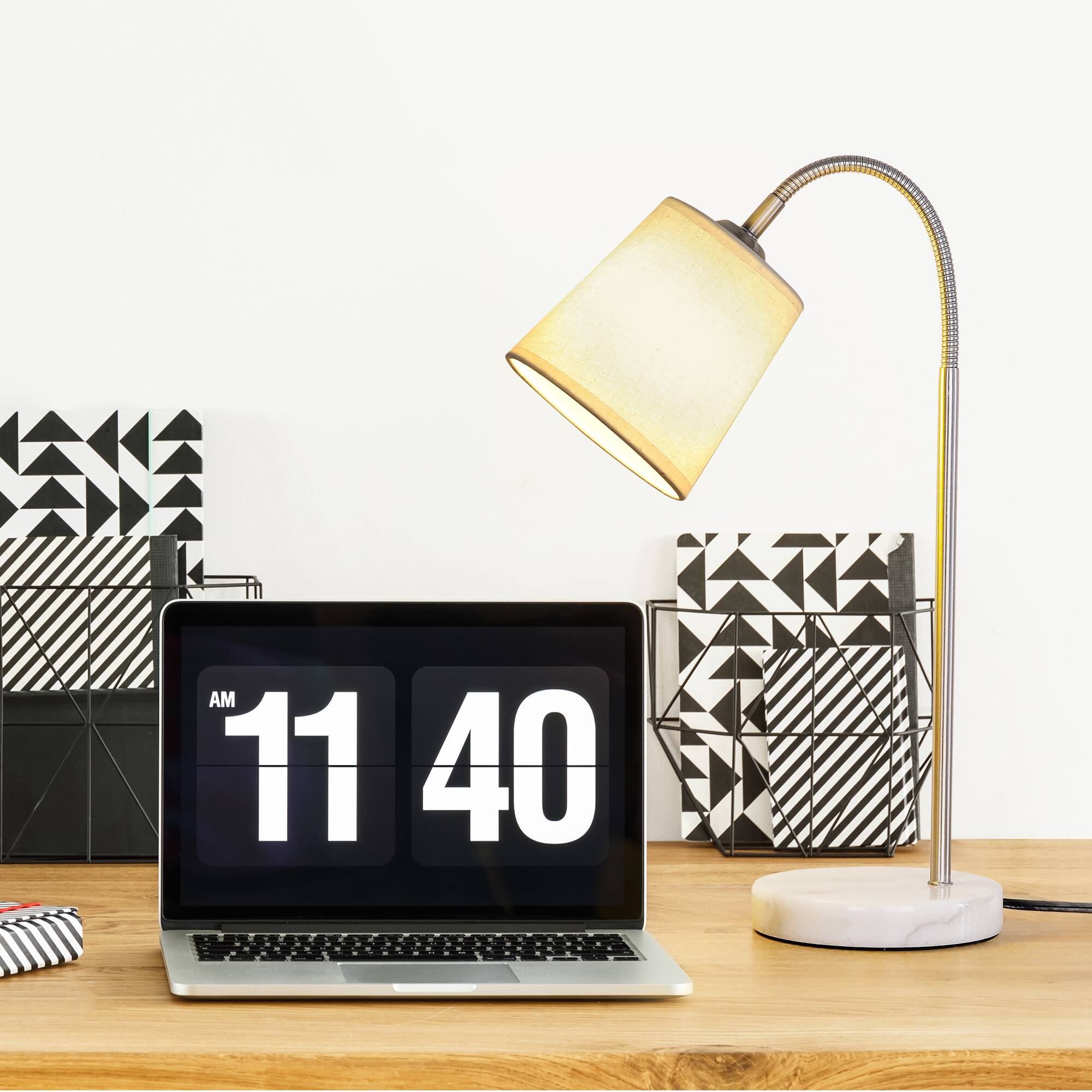 Alt View 1. Oumilen - Modern Gooseneck Desk Lamp with Marble Base Adjustable Arm & White Fabric Shade, E26 Socket, UL Plug for Bedroom, Office.