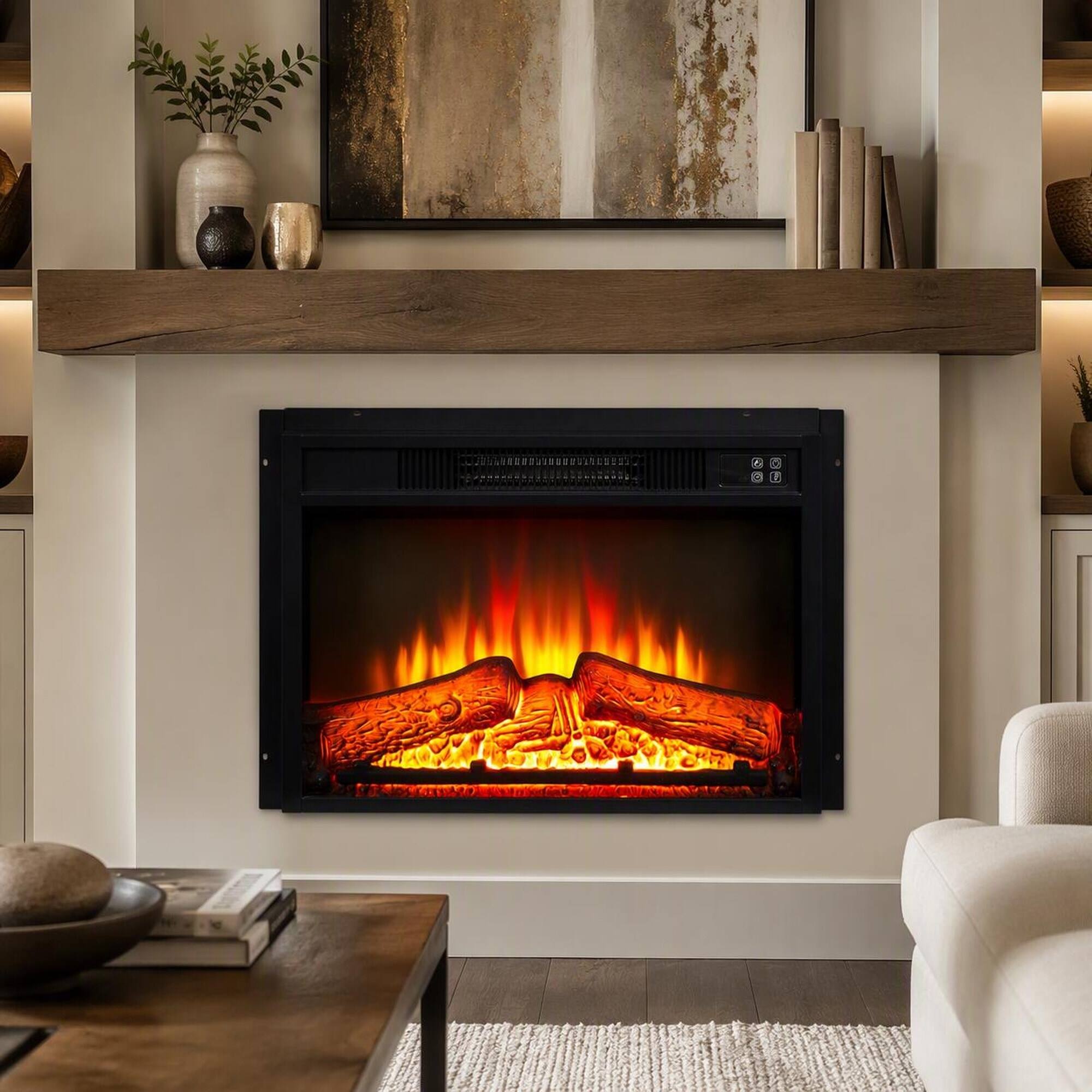 Front. RYHNUYNE - 23-Inch Electric Fireplace Insert with Remote, 1400W Heater, Adjustable Flame, Slim Black Glass Design - Black.