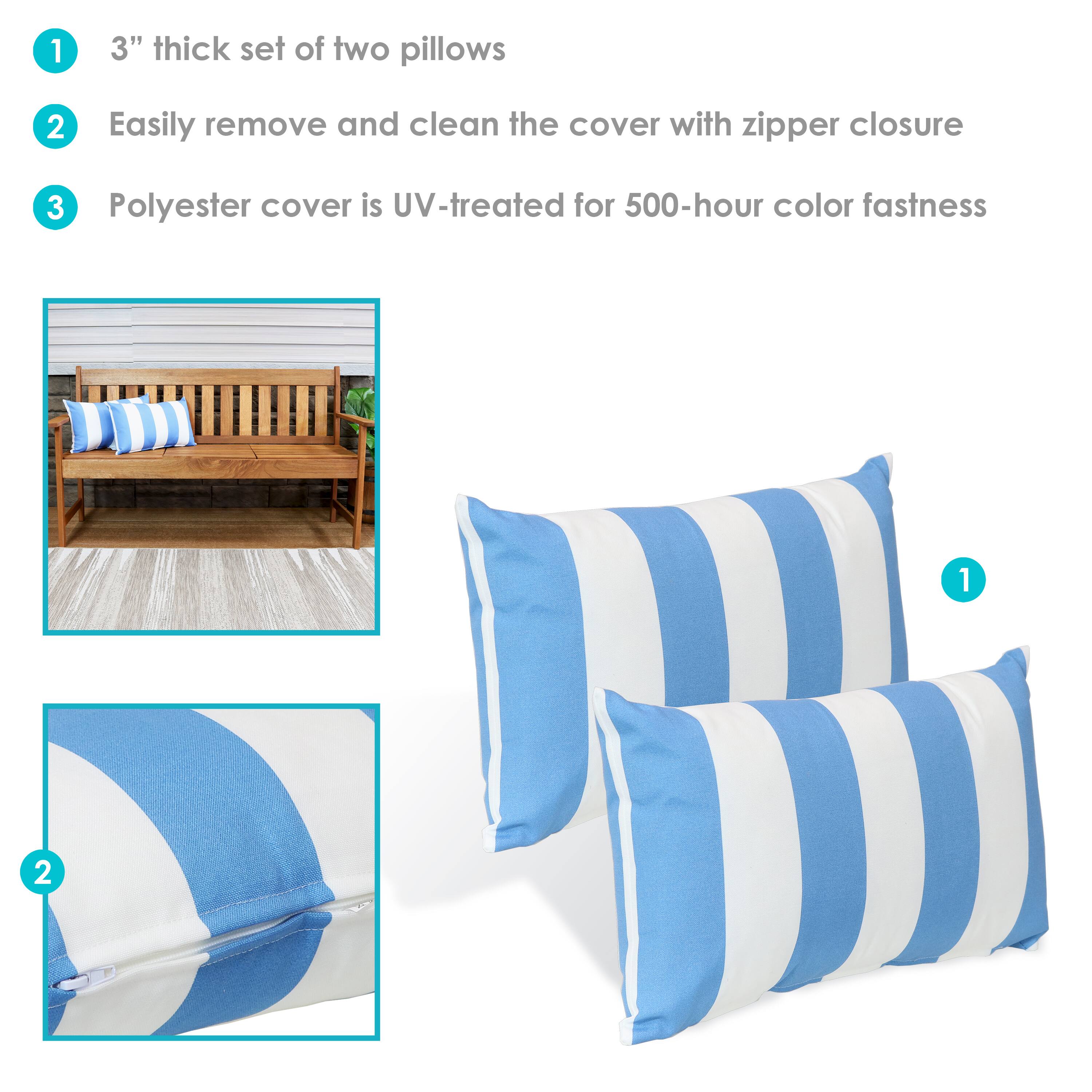 1. 3" thick set of two pillows  
2. Easily remove and clean the cover with zipper closure  
3. Polyester cover is UV-treated for 500-hour color fastness