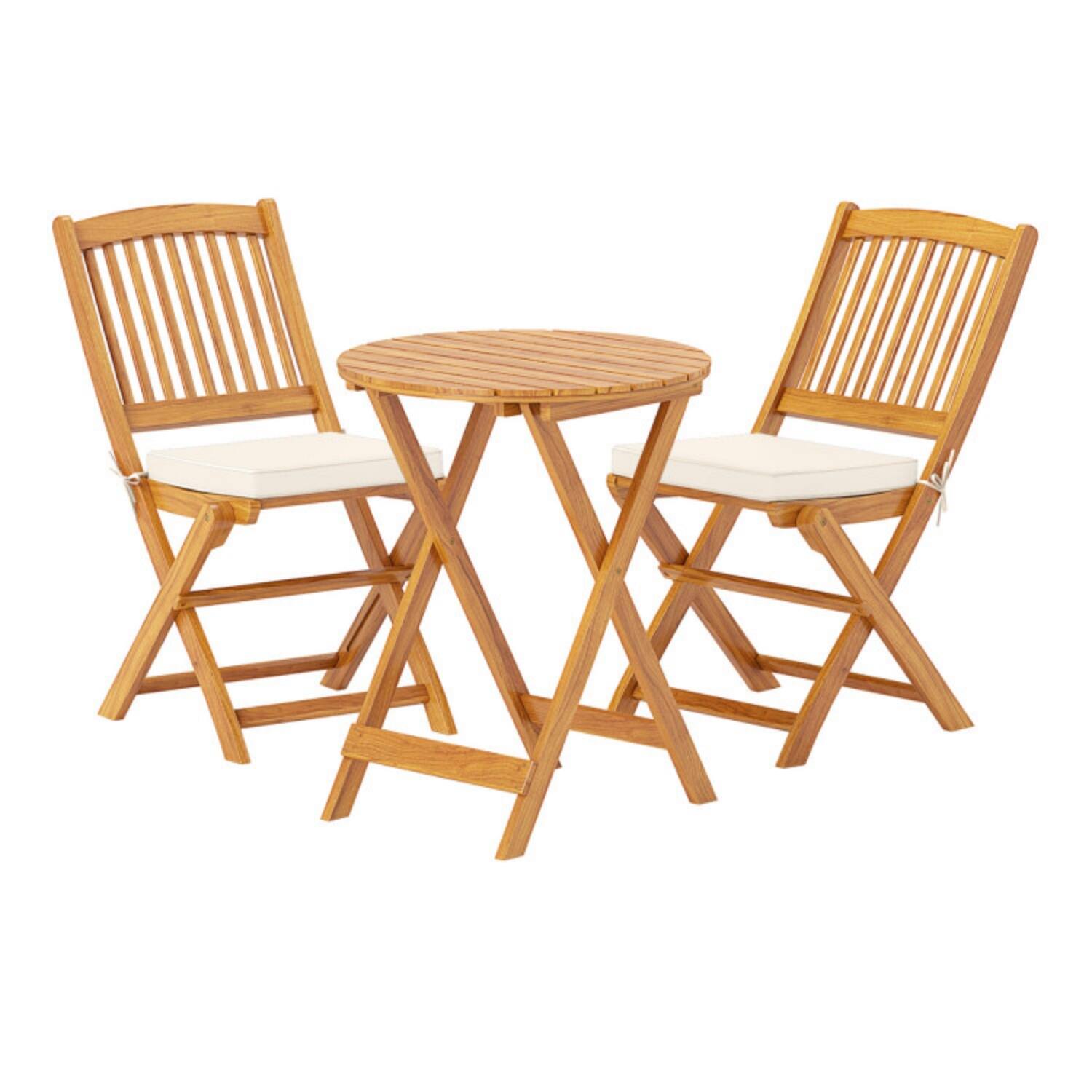 Alt View 3. Mondawe - Folding Acacia Wood Patio Bistro Set with Cushions and Table 3-Piece - Natural+Beige.