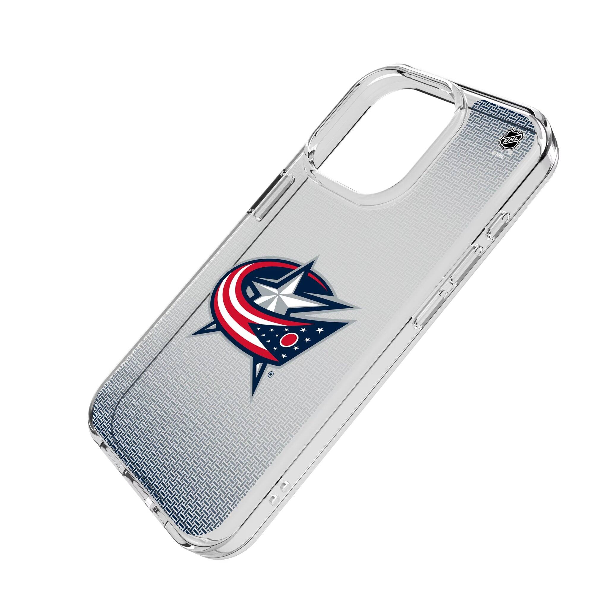 Alt View 1. Keyscaper - Columbus Blue Jackets Linen Logo iPhone Clear Case - 16e - Multicolor.