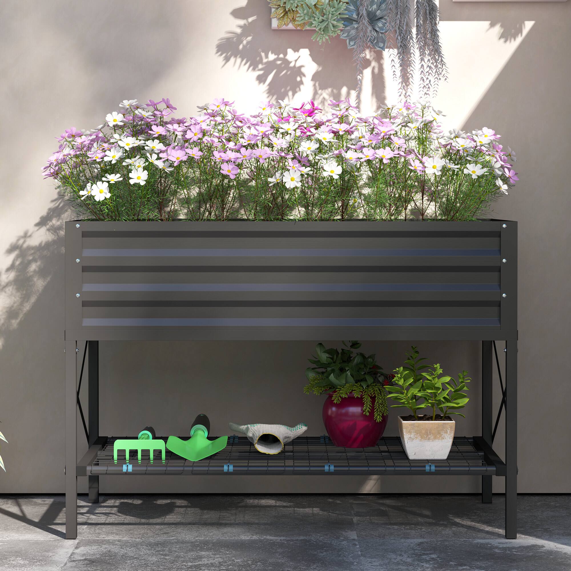 Alt View 8. Outsunny - Raised Garden Bed with Galvanized Steel Frame, Storage Shelf and Bed Liner, Elevated Planter Box with Legs - Dark Gray.
