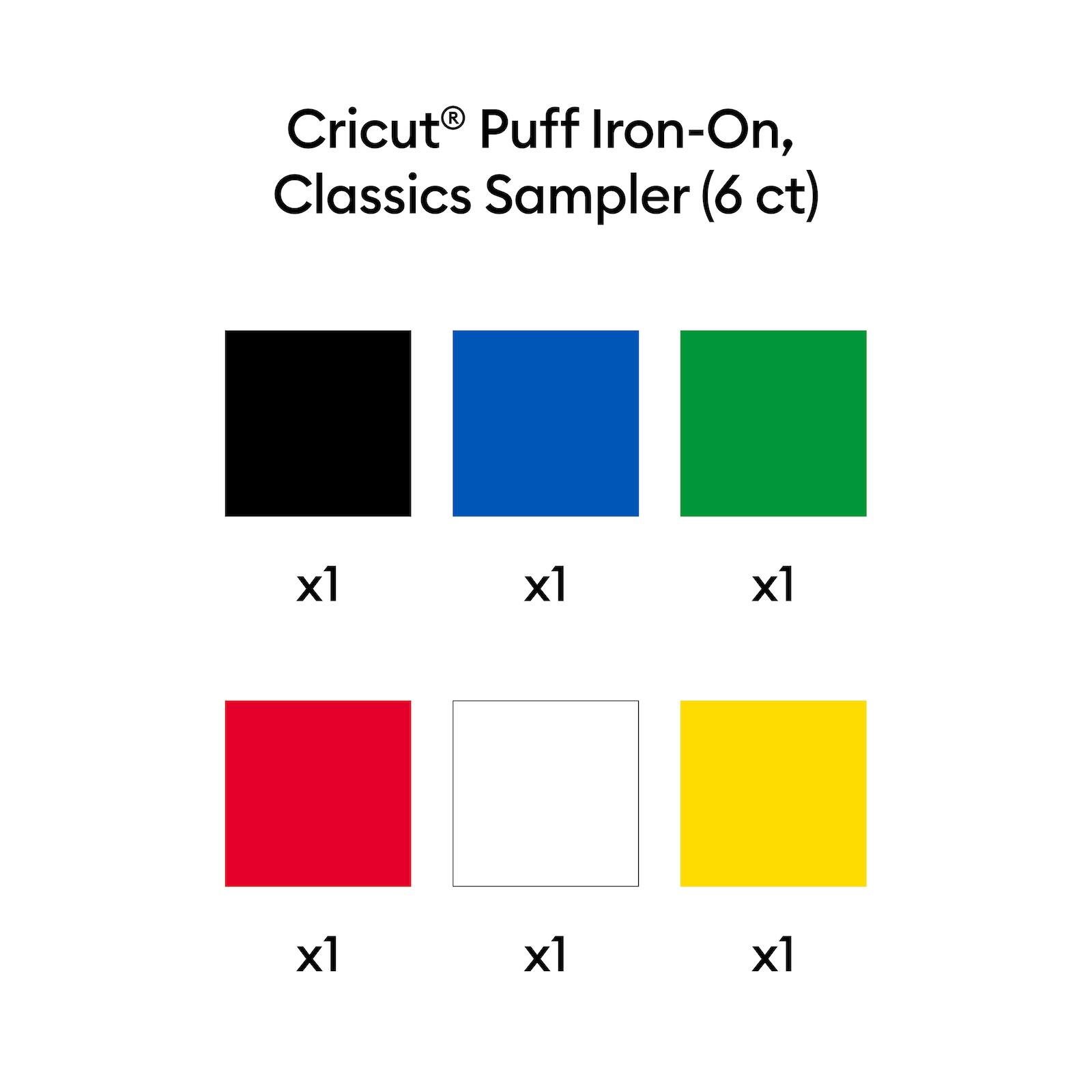 Cricut® Puff Iron-On, Classics Sampler (6 ct)

- Black x1
- Blue x1
- Green x1
- Red x1
- White x1
- Yellow x1