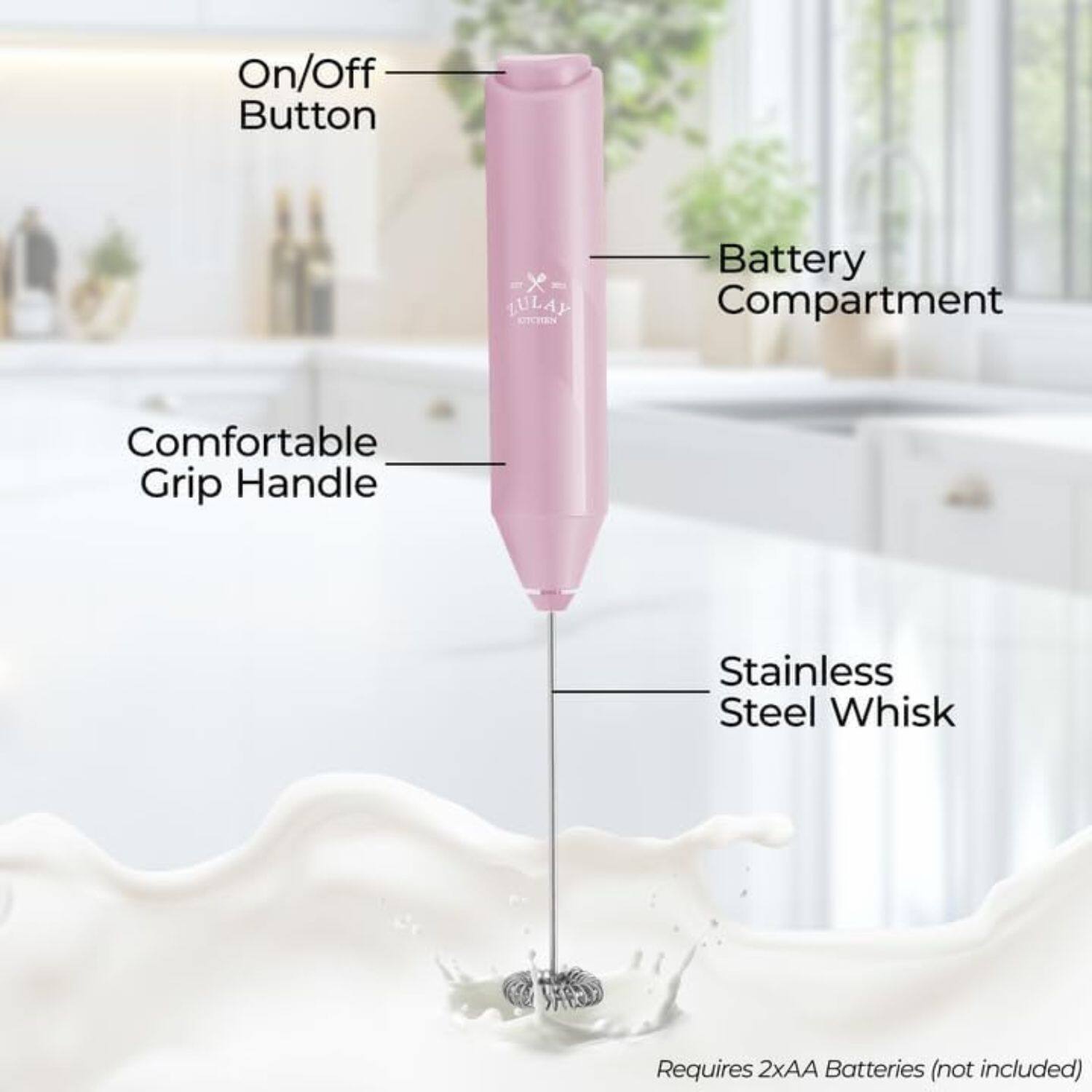 On/Off Button, Battery Compartment, Comfortable Grip Handle, Stainless Steel Whisk, Requires 2xAA Batteries (not included)