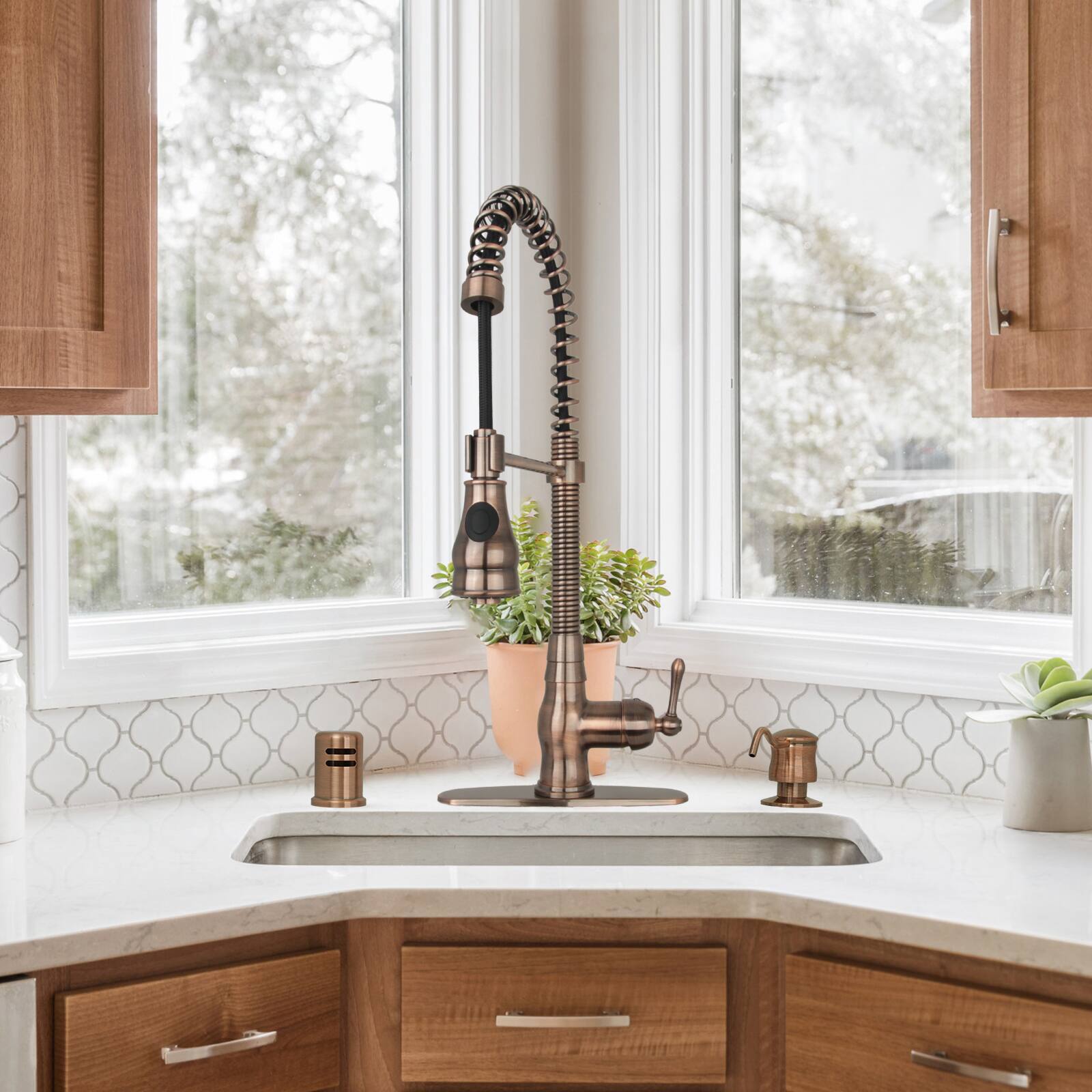 Alt View 5. Akicon - Akicon Solid Brass Pre-Rinse Spring Single Handle Kitchen Faucet with Pull Down Sprayer in Antique Copper - Antique Copper.