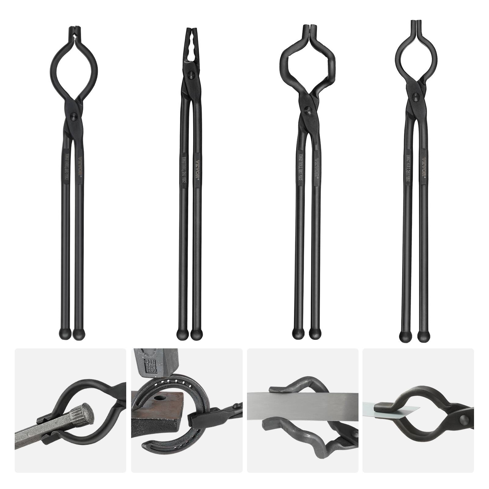 Alt View 5. VEVOR - Blacksmith Tongs, 18”4 PCS, V-Bit Bolt Tongs, Wolf Jaw Tongs, Z V-Bit Tongs and Gripping Tongs, Carbon Steel Forge Tongs - Black.