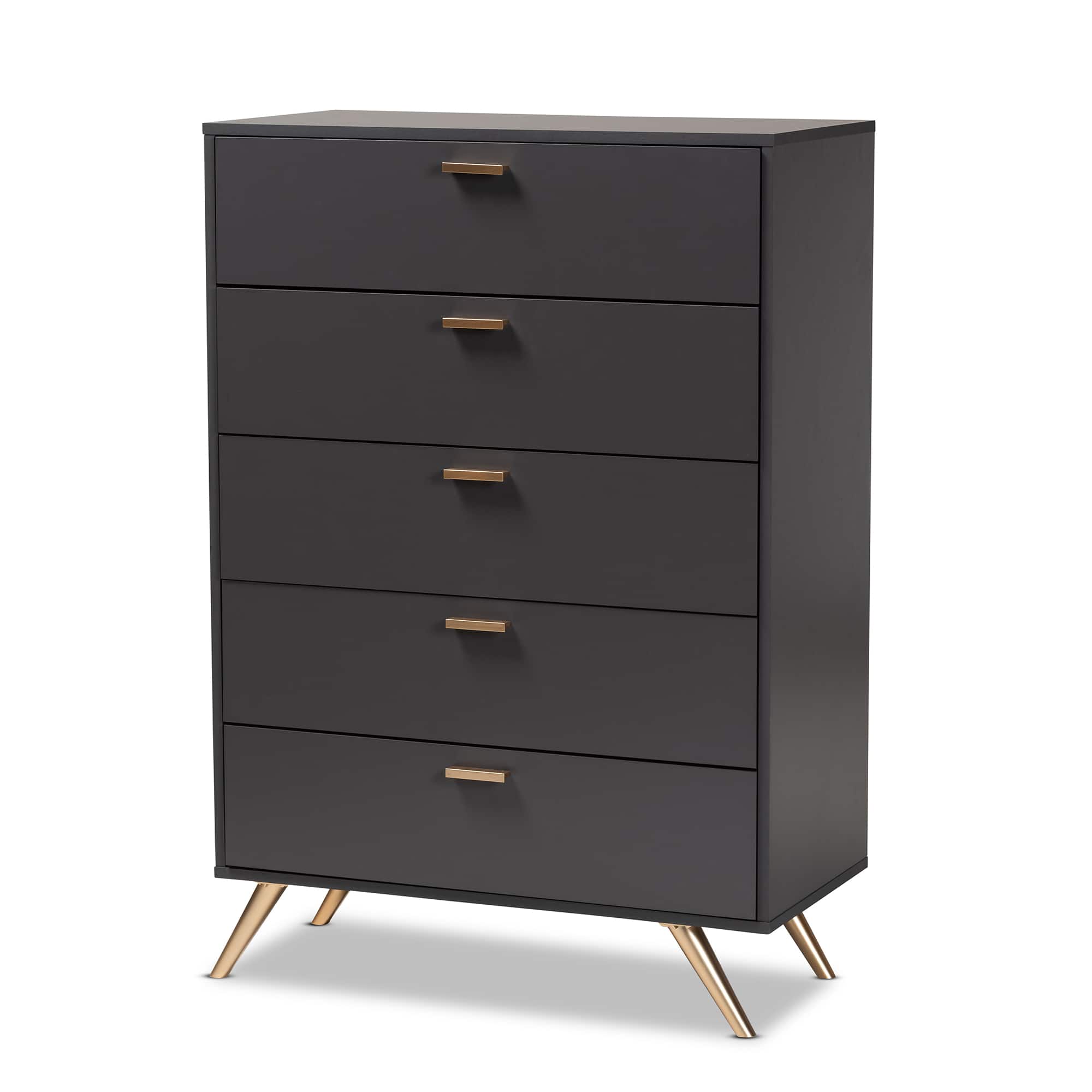 Baxton Studio - Kelson Modern and Contemporary Finished Wood 5-Drawer Chest - Dark Grey/Gold