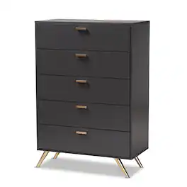 Baxton Studio - Kelson Modern and Contemporary Finished Wood 5-Drawer Chest - Dark Grey/Gold