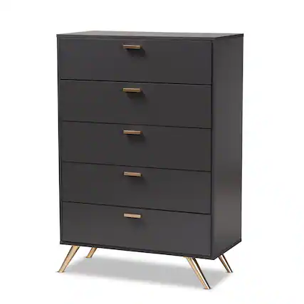 Front. Baxton Studio - Kelson Modern and Contemporary Finished Wood 5-Drawer Chest - Dark Grey/Gold.