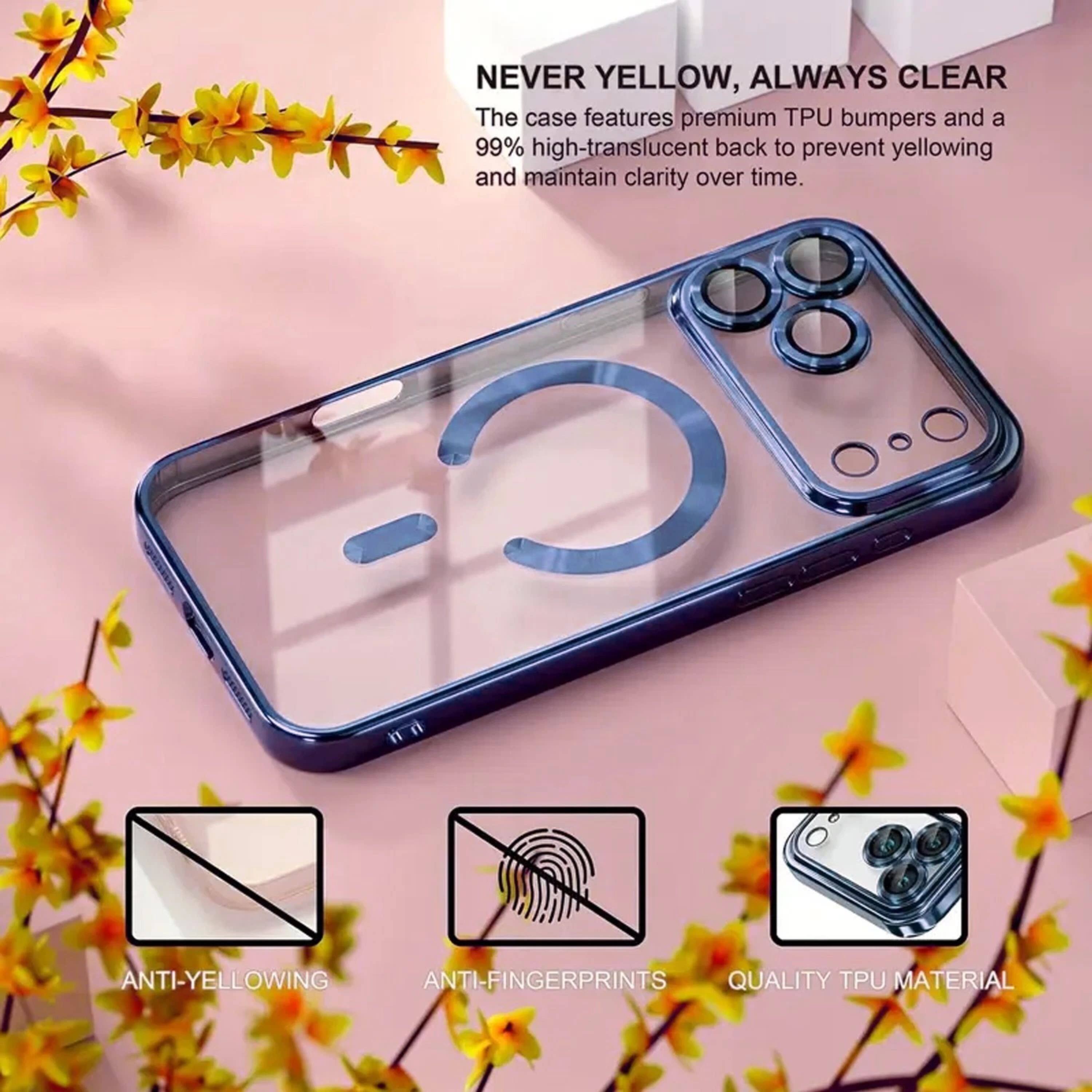 NEVER YELLOW, ALWAYS CLEAR  
The case features premium TPU bumpers and a 99% high-translucent back to prevent yellowing and maintain clarity over time.

ANTI-YELLOWING  
ANTI-FINGERPRINTS  
QUALITY TPU MATERIAL