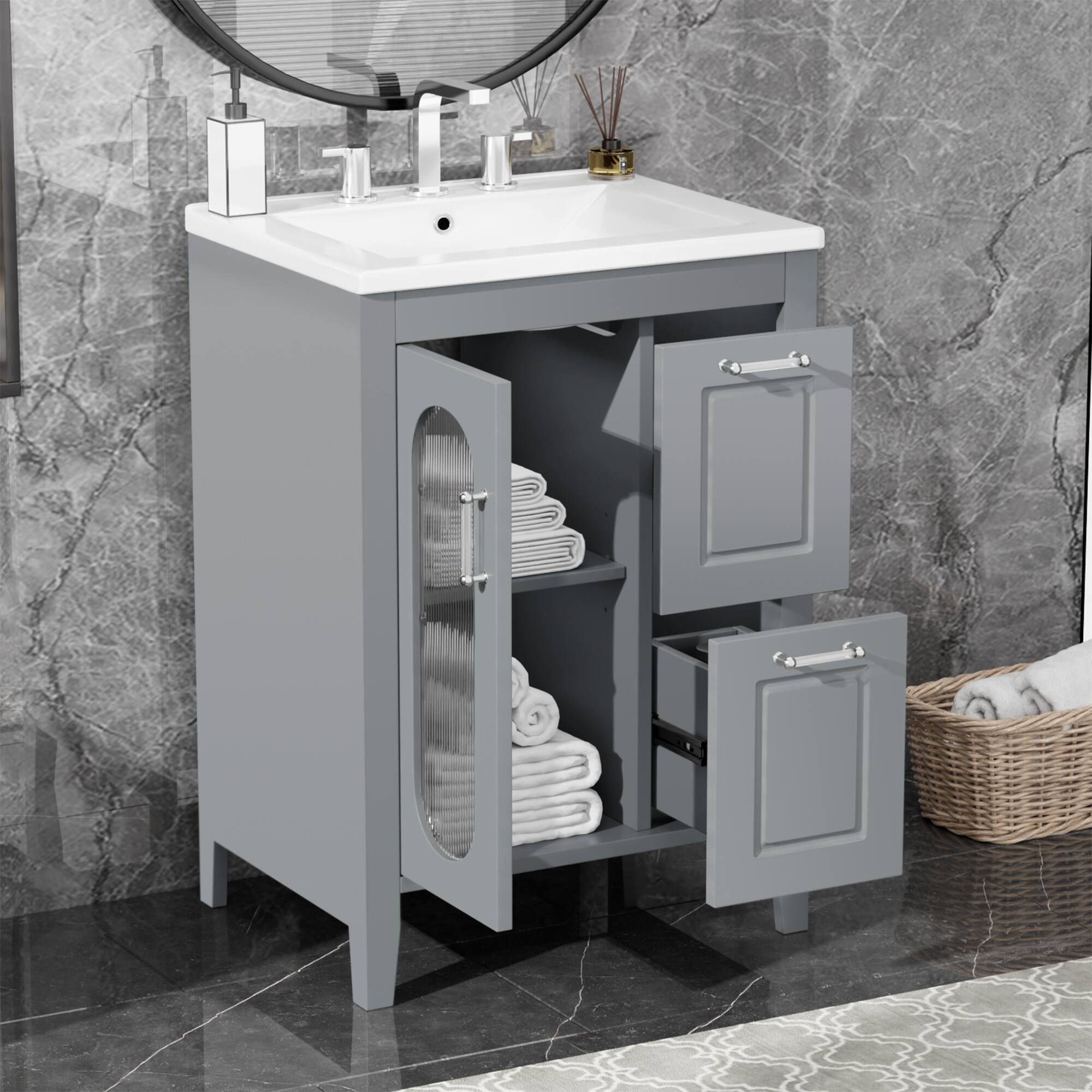 Left. Tiramisubest - 24" Bathroom Vanity with Sink, Bathroom Vanity Cabinet with Two Drawers and Door, Adjustable Shelf, Grey - Grey.