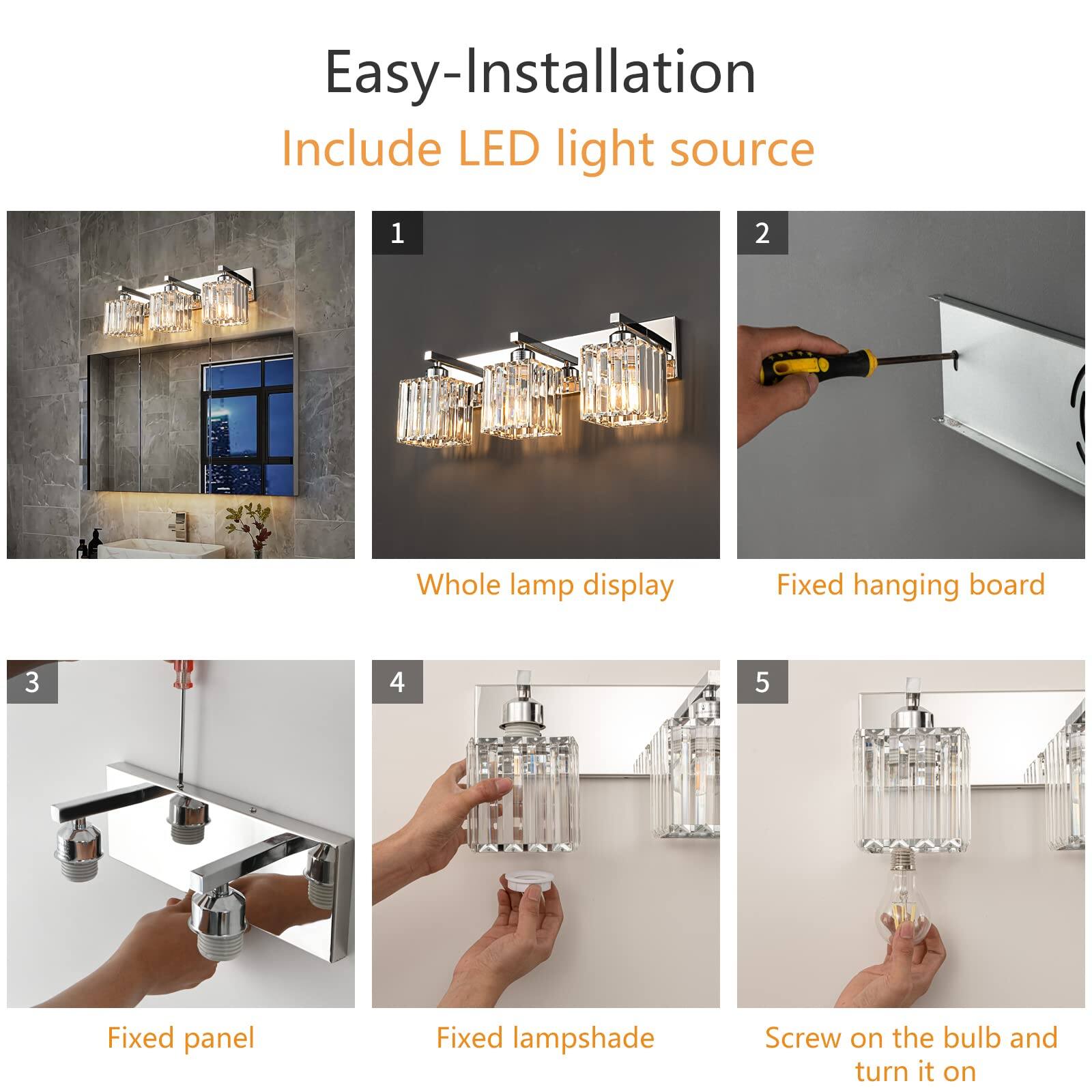 Easy-Installation  
Include LED light source

1. Whole lamp display
2. Fixed hanging board
3. Fixed panel
4. Fixed lampshade
5. Screw on the bulb and turn it on
