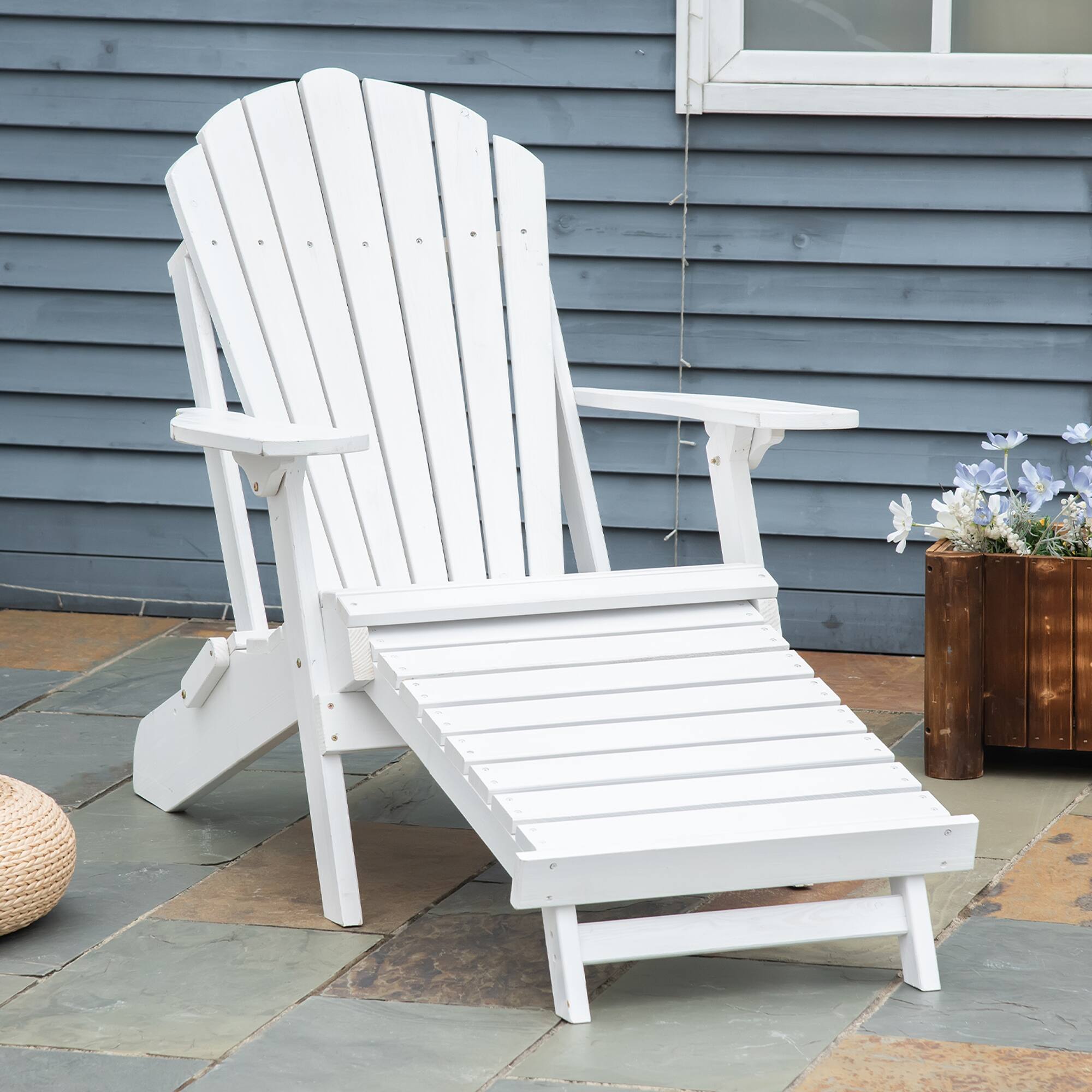 Alt View 1. Outsunny - Folding Adirondack Chair with Pull Out Ottoman, Outdoor Fir Wood Fire Pit Chair with Footrest - White.