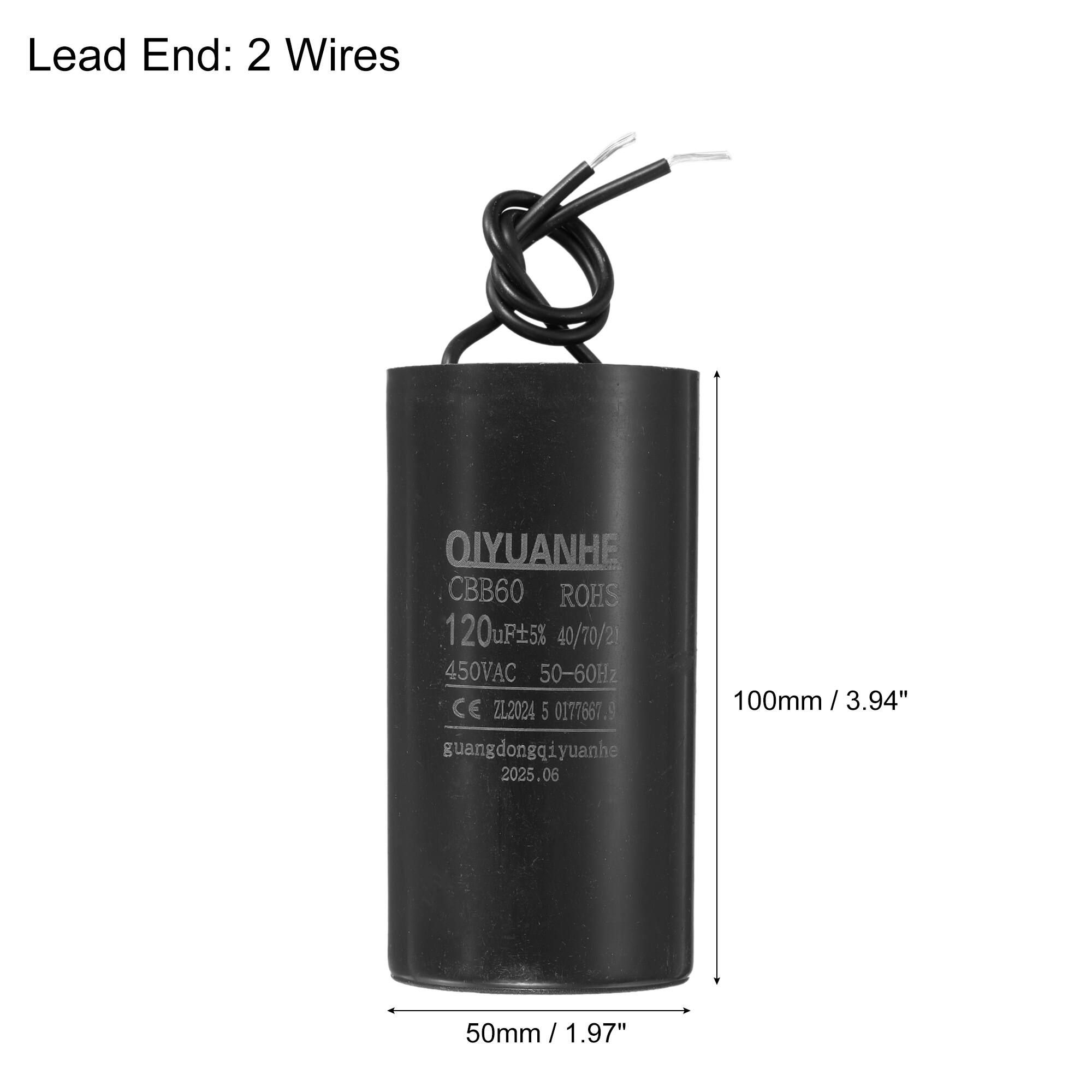 Lead End: 2 Wires

QIYUANHE  
CBB60  
ROHS  
120uF ±5%  
40/70/2  
450VAC 50-60Hz  
CE Z12024  
guangdongqiyuanhe  
2025.06  

100mm / 3.94"  
50mm / 1.97"