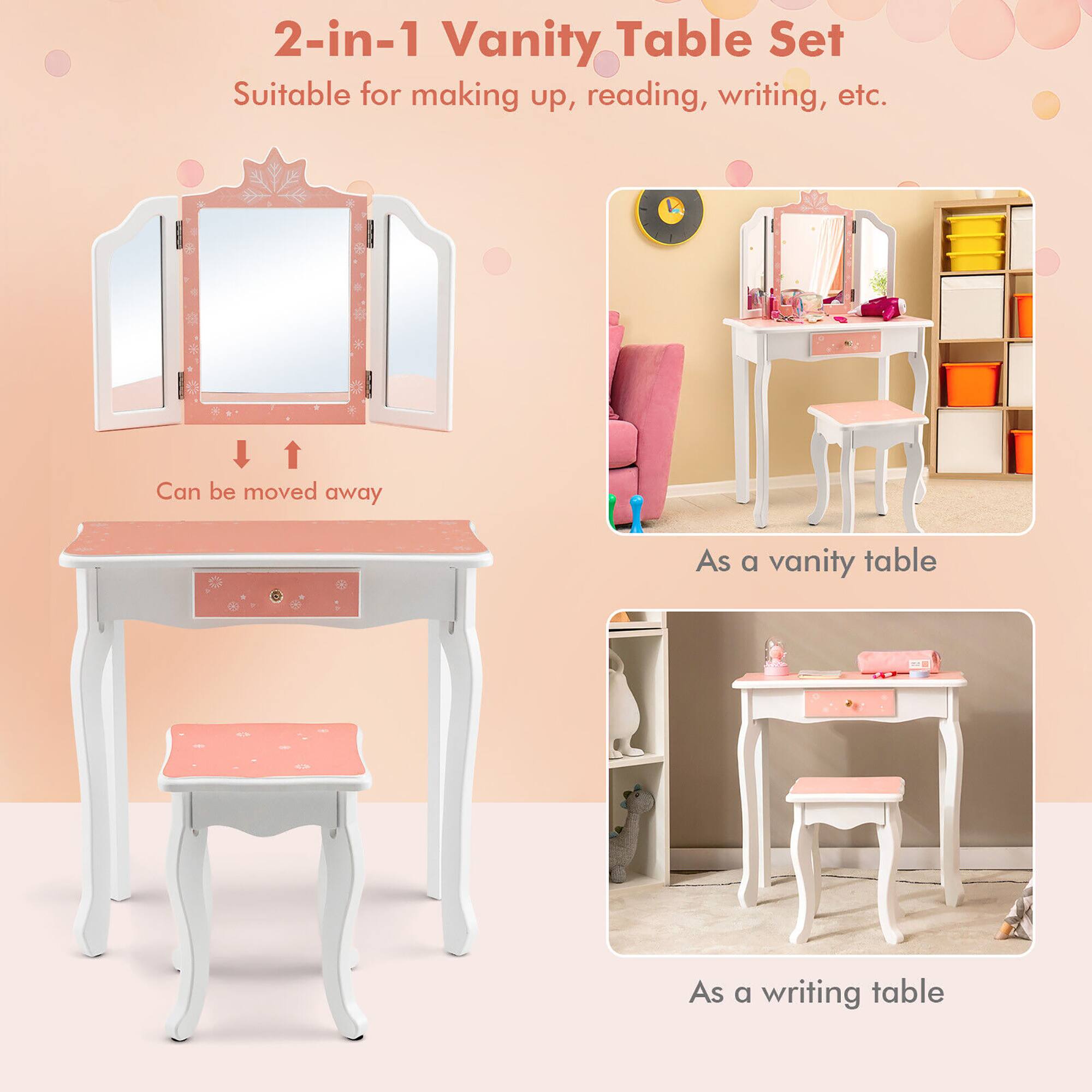 2-in-1 Vanity Table Set  
Suitable for making up, reading, writing, etc.  

Can be moved away  

As a vanity table  

As a writing table
