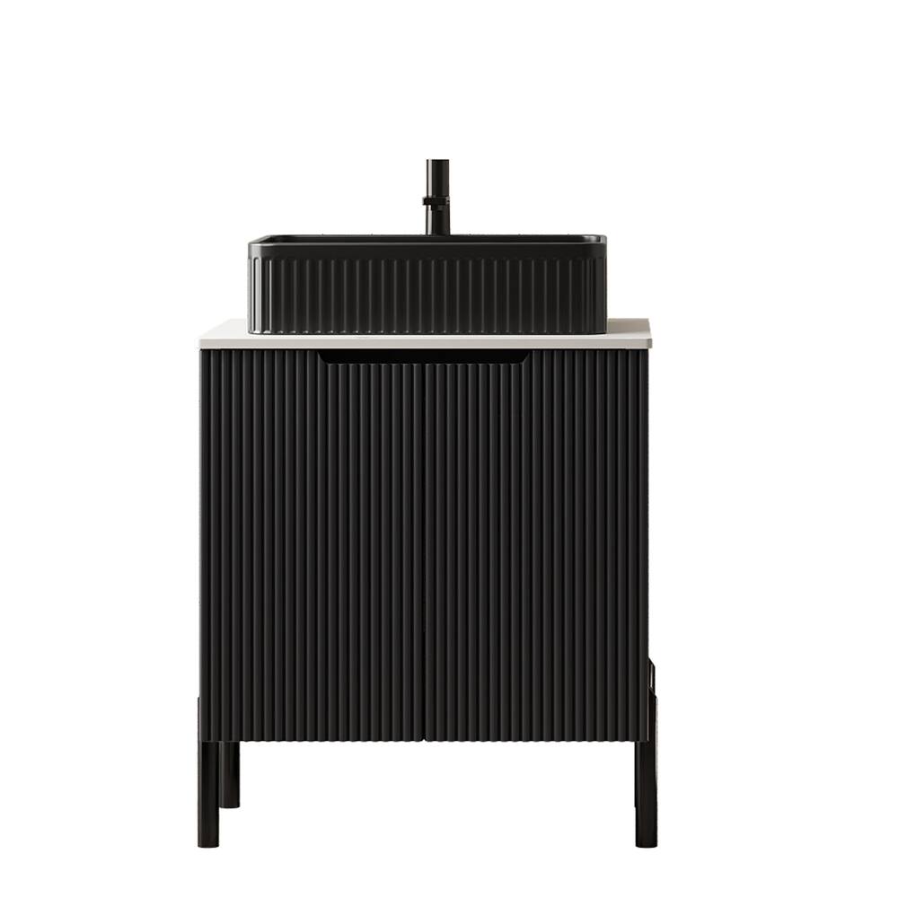 Left. Loheer - 24 inch bathroom vanity with sink, freestanding bathroom storage cabinet, carrara white counter top - Black.