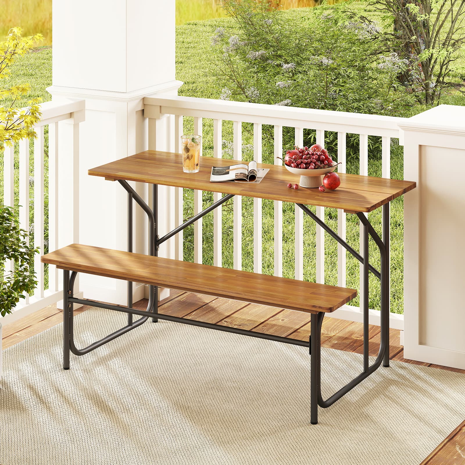 Gymax - Patio Table Bench Set for 2 Picnic Table & Loveseat w/Acacia Wood Top Metal Legs - Black