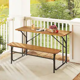Gymax - Patio Table Bench Set for 2 Picnic Table & Loveseat w/Acacia Wood Top Metal Legs - Black