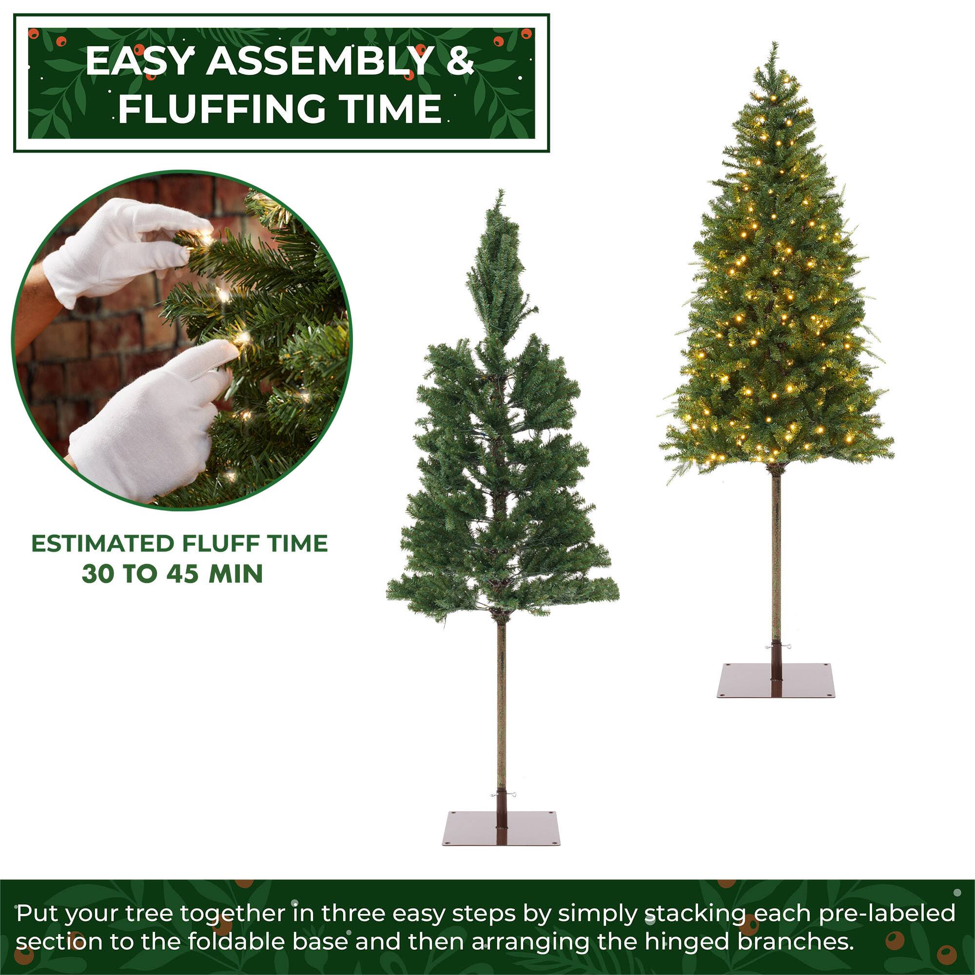 EASY ASSEMBLY & FLUFFING TIME

ESTIMATED FLUFF TIME 30 TO 45 MIN

Put your tree together in three easy steps by simply stacking each pre-labeled section to the foldable base and then arranging the hinged branches.