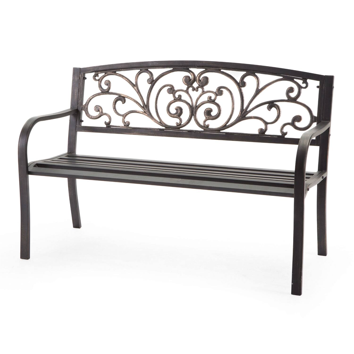 Left. Hivvago - Curved Metal Garden Bench with Heart Pattern in Black Antique Bronze Finish - Bronze.
