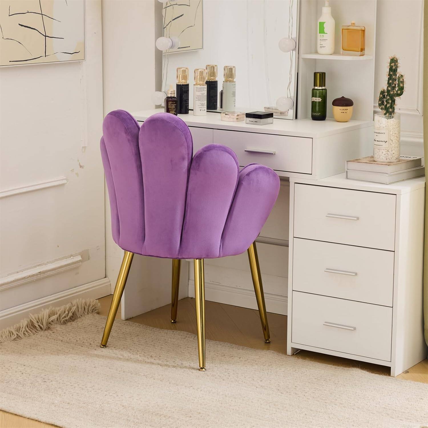 Alt View 8. Winado - Girls Petal Flower Velvet Makeup Vanity Chair with Back Comfy Adustable Gold Legs & Bow Pillow for Bedroom Home Office - Purple-velvet.