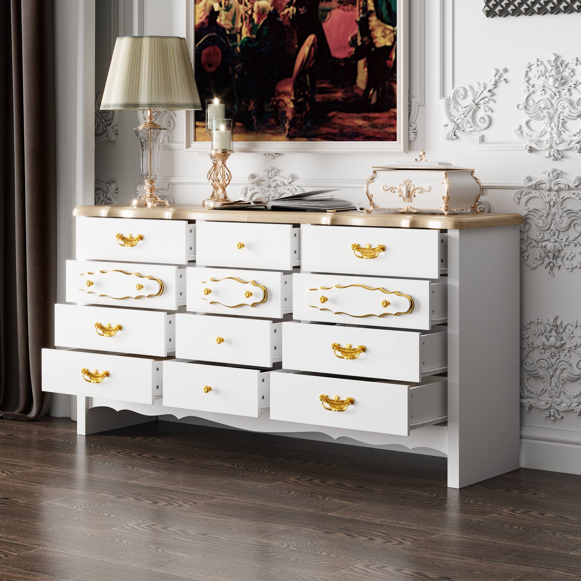 Left. FUFU&GAGA - French Court-Style Nine-Drawer Storage Dresser – A Fusion of Luxurious Aesthetics and Practical Storage - White.