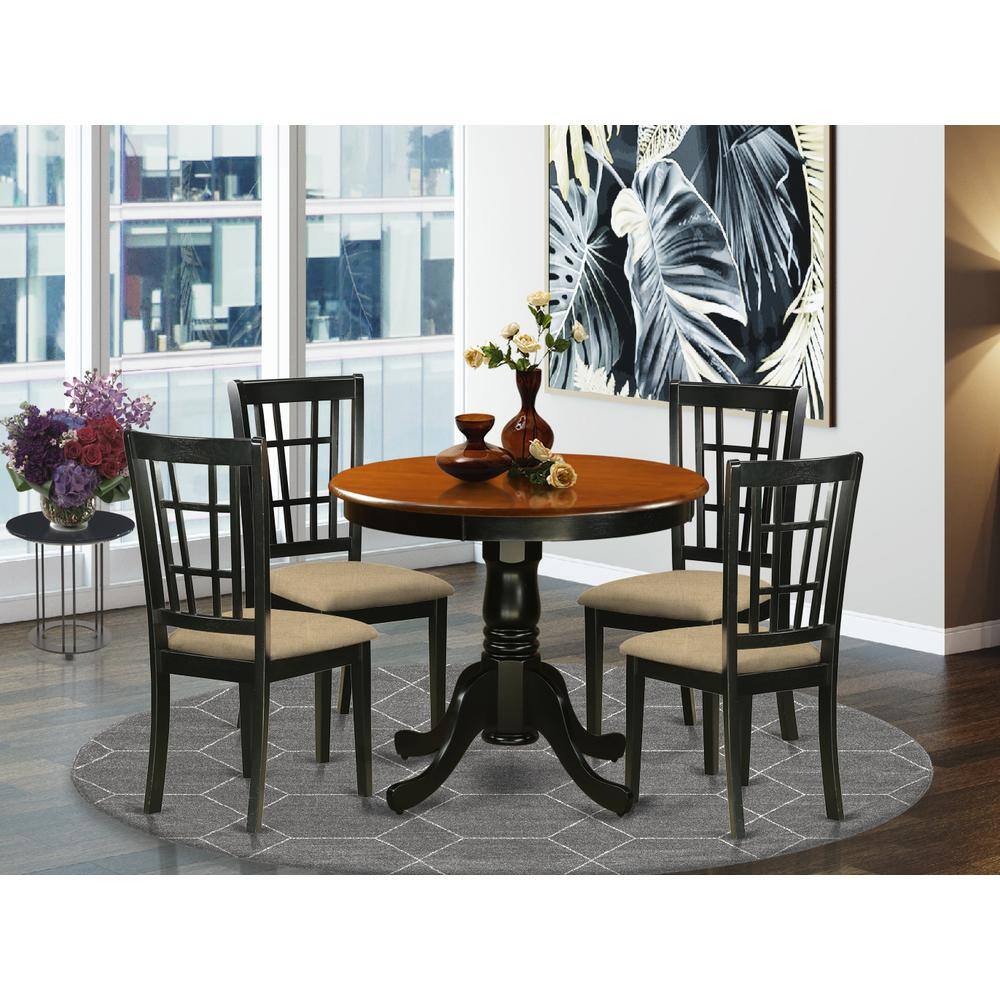 Left. East West Furniture - ANNI5-BLK-C 5 Pc Dining Table with 4 Linen Chairs in Black and Cherry - Black & Cherry.