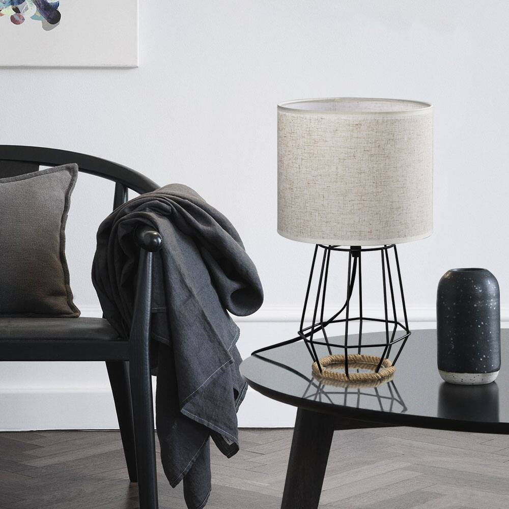 Back. Oumilen - Black Wire Cage Table Lamp with Beige Fabric Shade & Hemp Rope Base.