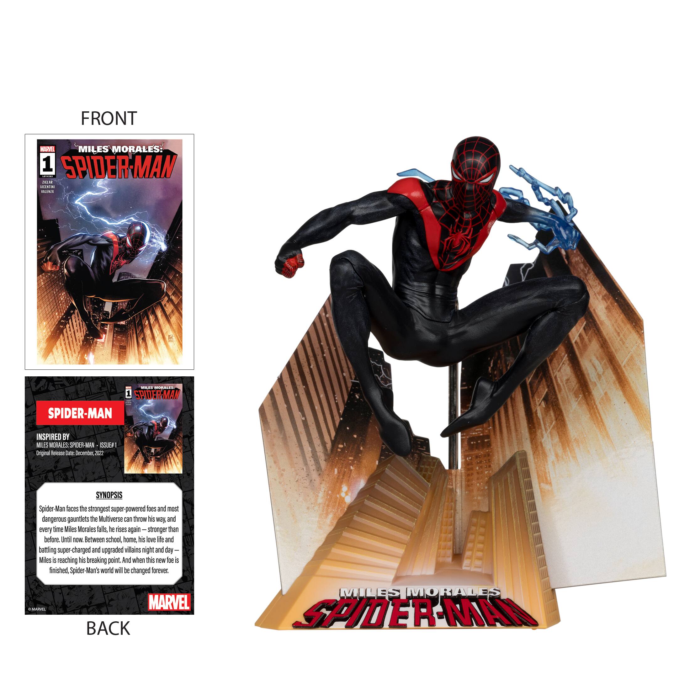 Front: Miles Morales Spider-Man | No. 1 Spider-Man inspired by a 16-year-old Ultimate Spider-Man.

Back: Miles Morales rises again stronger than before, as he faces the strongest super-powered villains and dangerous gauntlets the Multiverse can throw his way. Between school, home life, and battling super-charged and upgraded villains night and day, Miles Morales is ready to prove himself as the Ultimate Spider-Man.

Spider-Man's world will never be the same when this new future is finished.