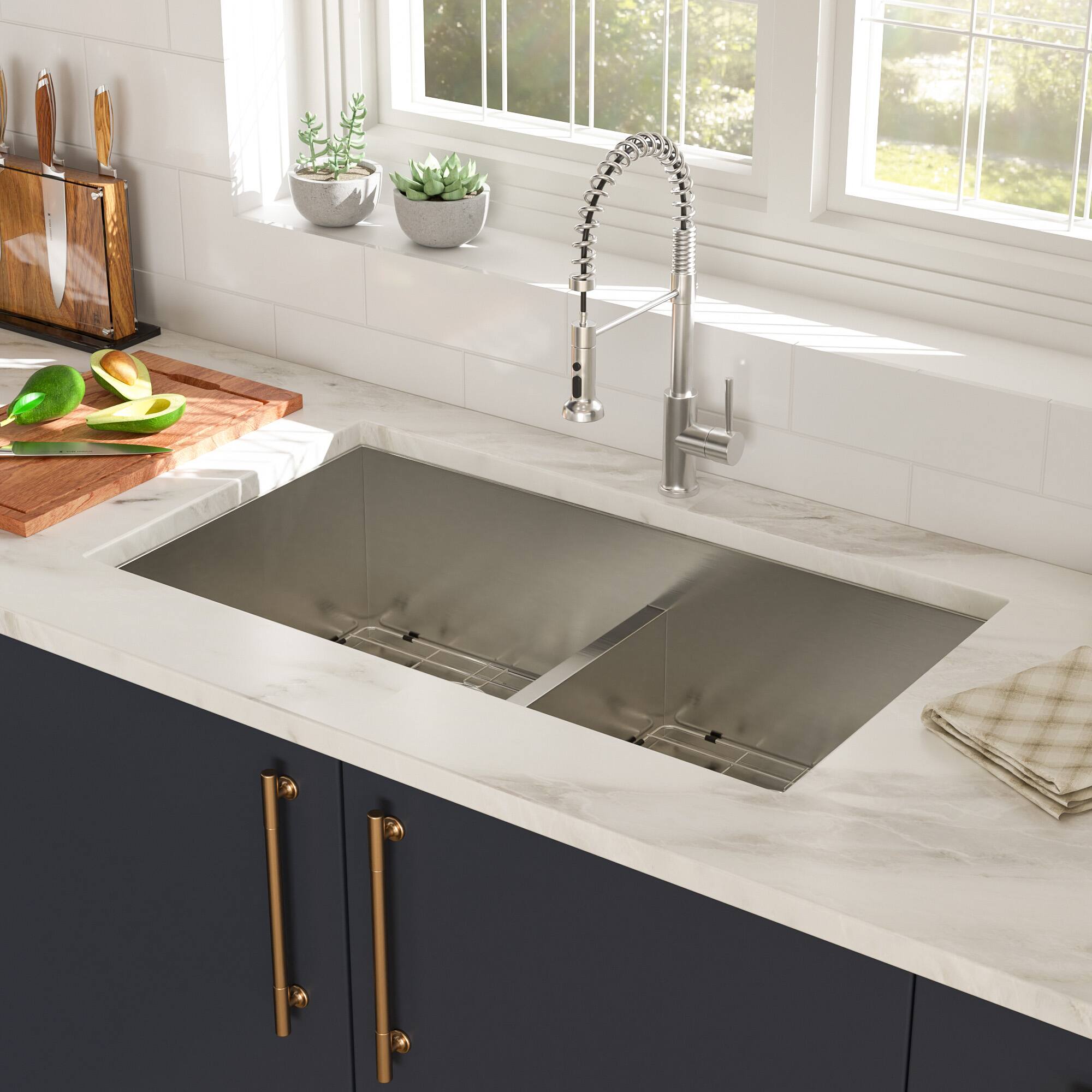 Left. Siljoy - Double Bowl(50/50) Undermount Sink- 28"x19"x10" Double Bowl Kitchen Sink 16 Gauge with Two 10" Deep Basin - Brushed Nickel.
