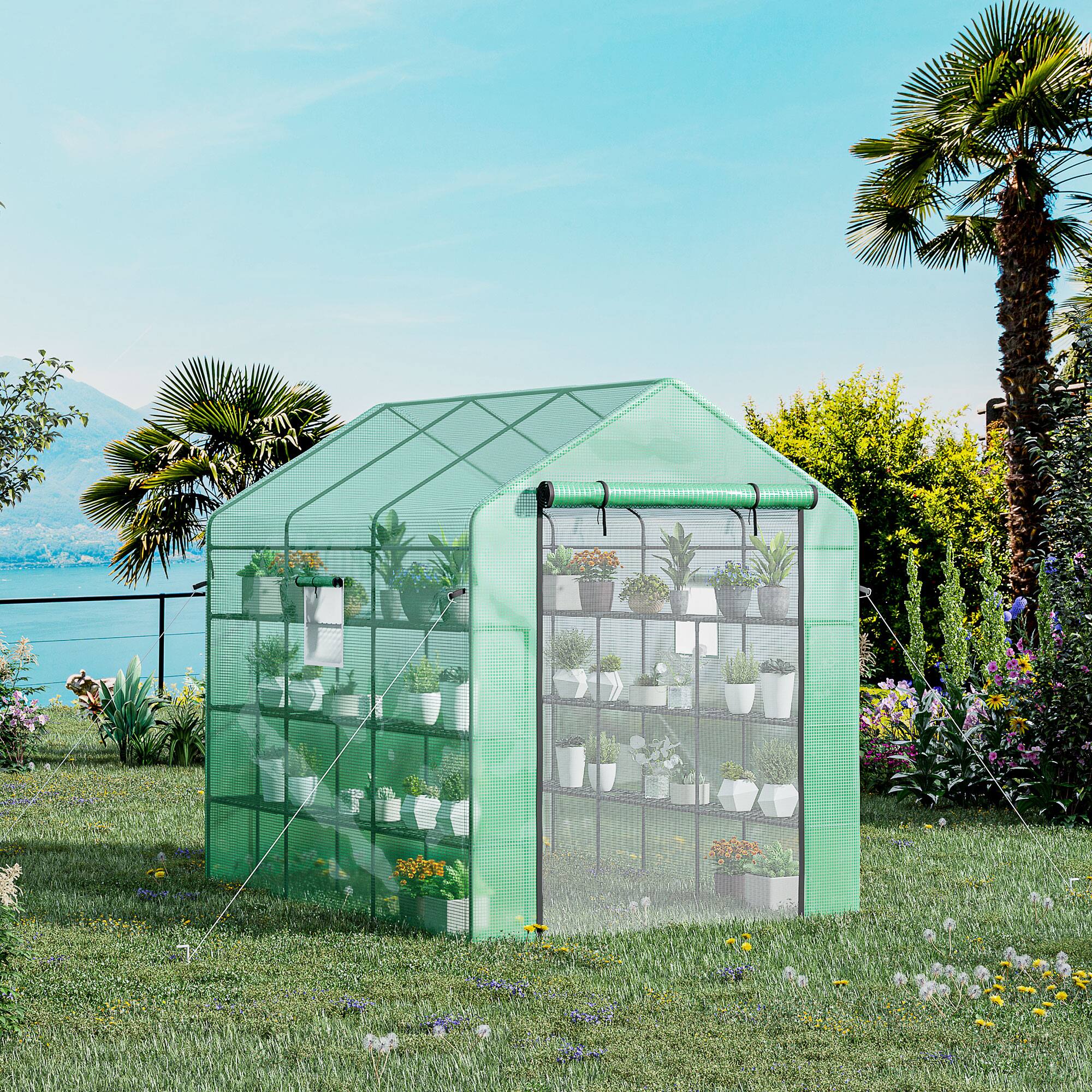 Alt View 1. Outsunny - 8' x 6' x 7' Walk-in Greenhouse with Mesh Door and Windows, 18 Shelf Green House with Trellis, Plant Labels.
