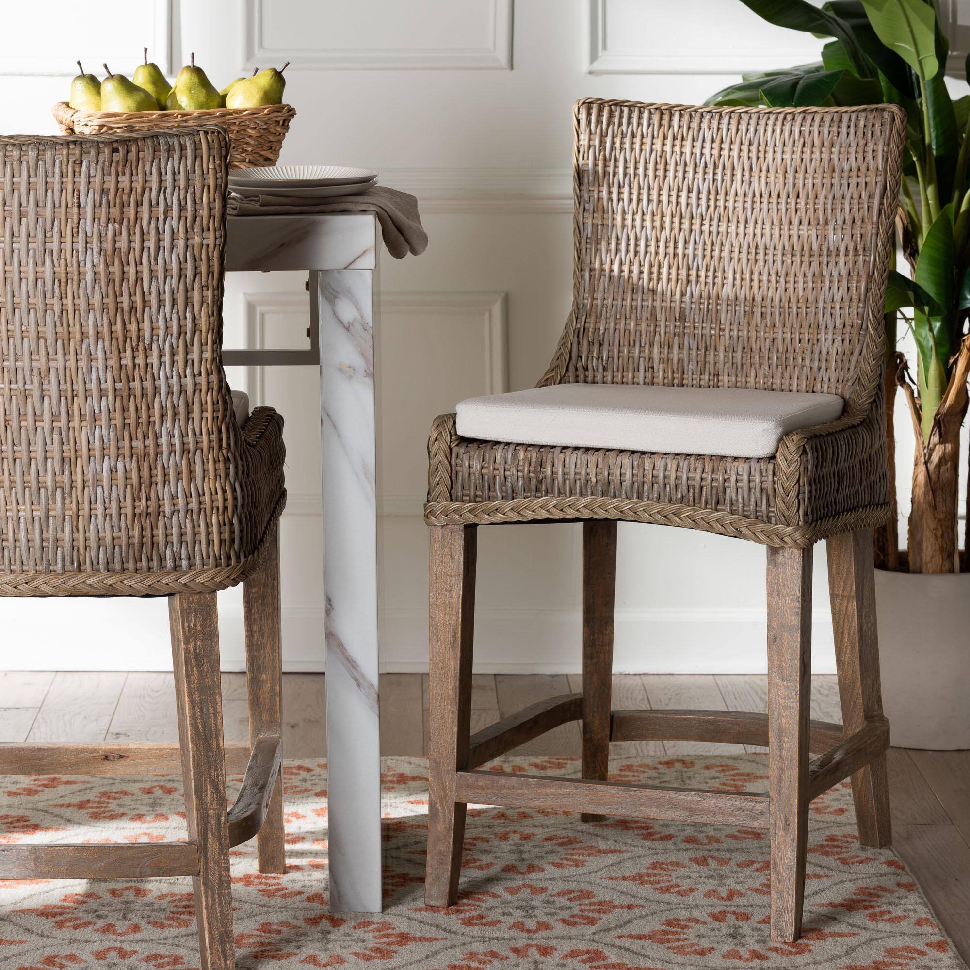 Alt View 4. bali & pari - Derris Natural Rattan Counter Stool with Cushion - Tall Wingback Stool with Solid Mango Wood Legs and Footrest - Greywashed.