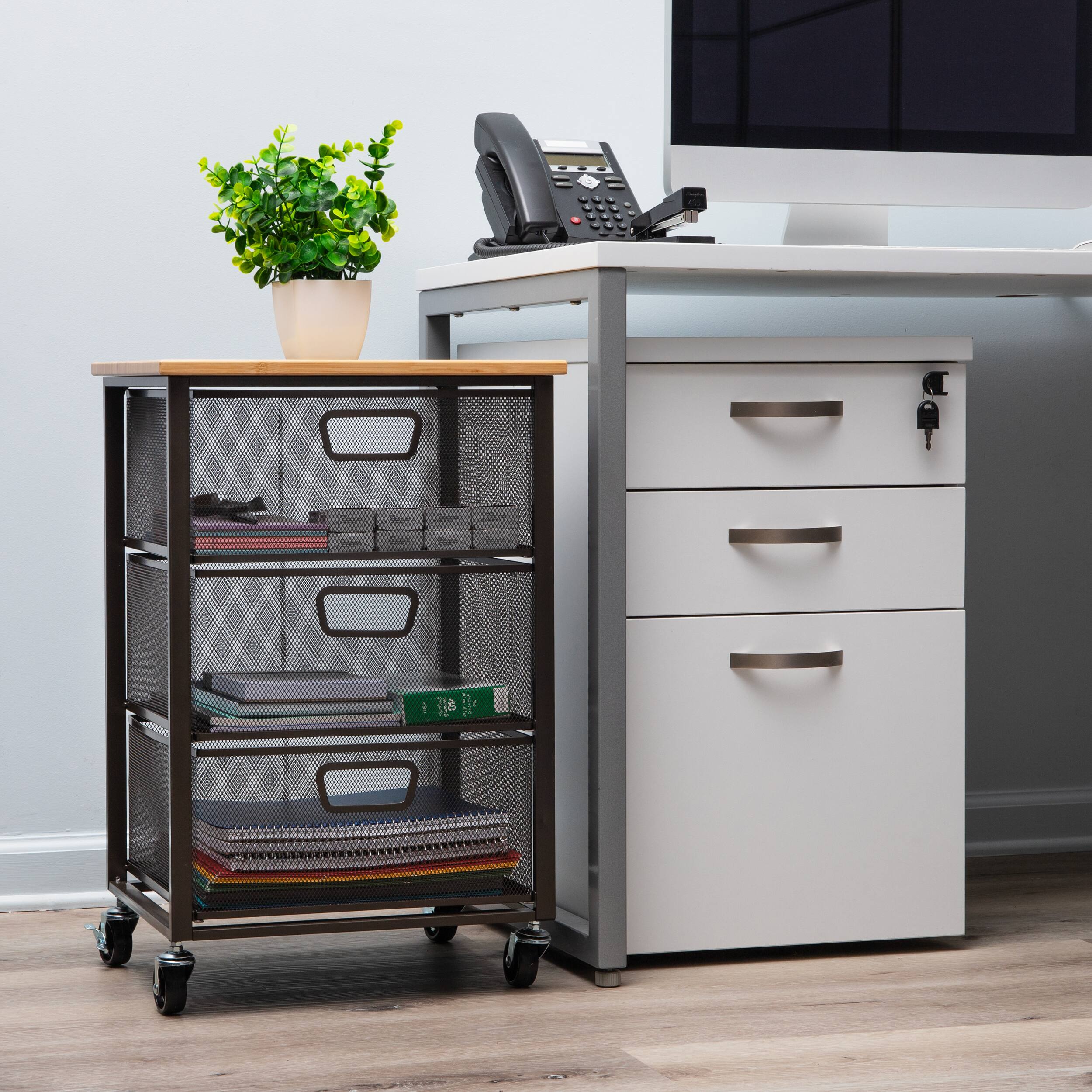 Angle. Mind Reader - Cart with Drawers, Laundry Organizer, Storage, Bathroom, Kitchen, Metal Mesh, 15.75"L x 13"W x 24.25"H - Black.