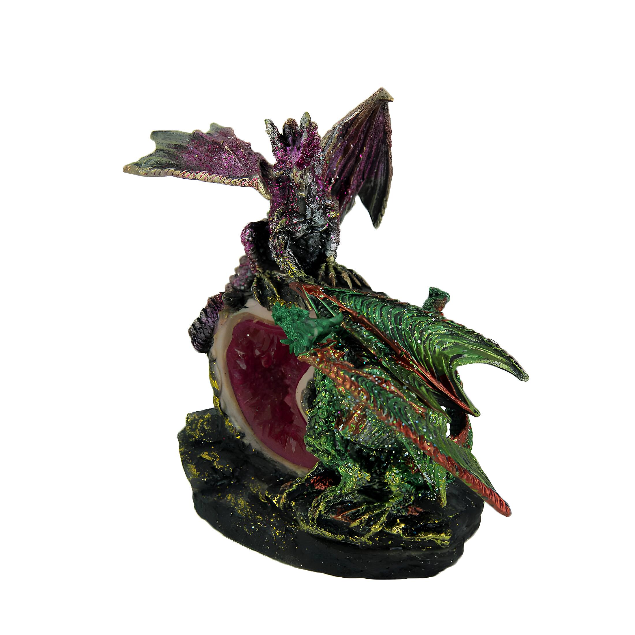 Alt View 1. Zeckos - Purple and Green Battle Dragons Gothic Color Changing LED Geode Statue - Green.