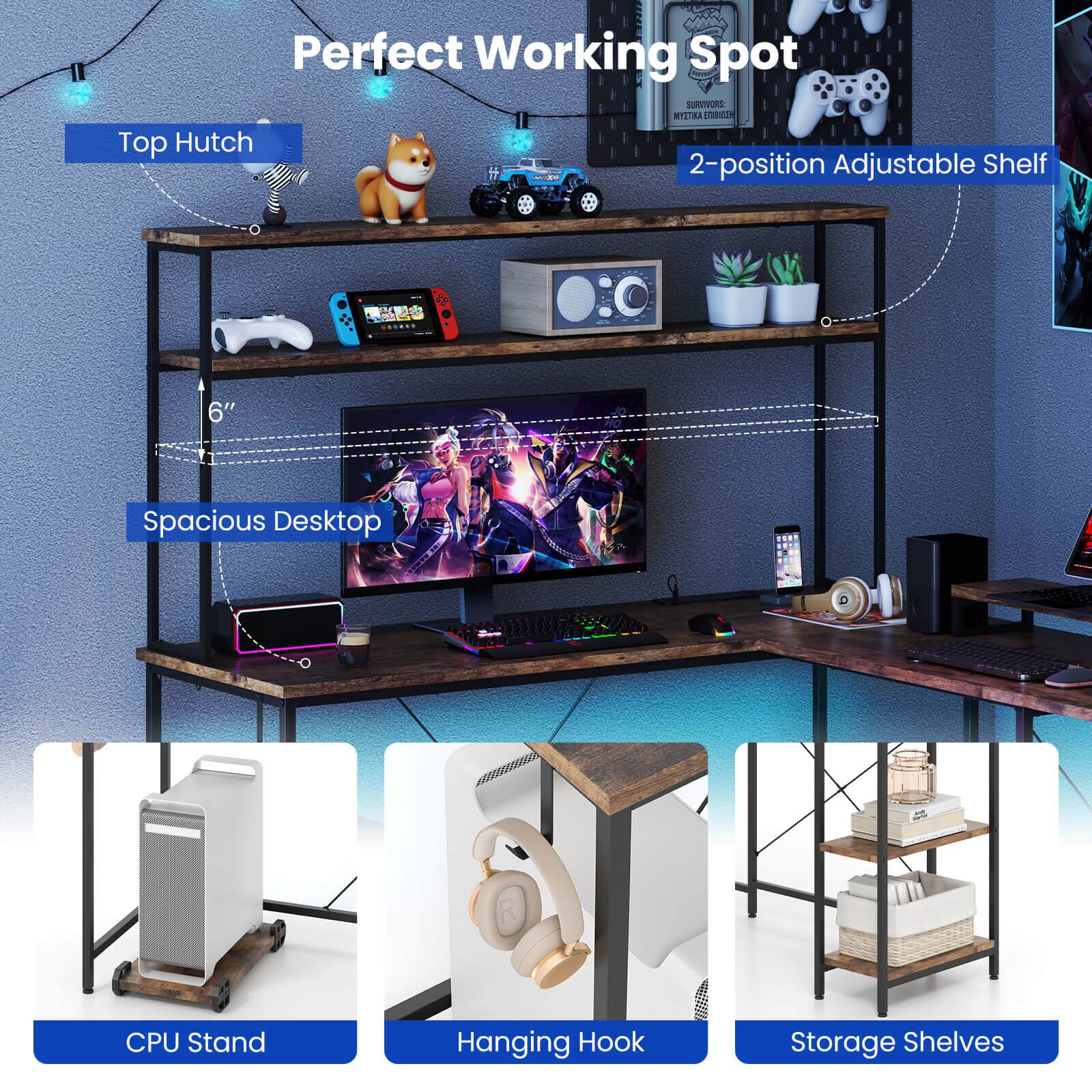 Perfect Working Spot:
- Top Hutch: 2-position Adjustable Shelf
- Spacious Desktop: 6"
- CPU Stand: Hanging Hook
- Storage Shelves:
