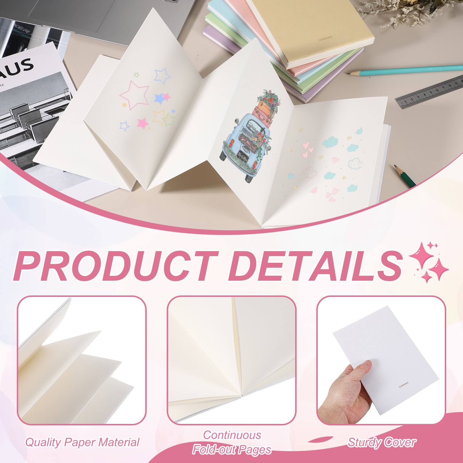 PRODUCT DETAILS

- Quality Paper Material
- Continuous Fold-out Pages
- Sturdy Cover