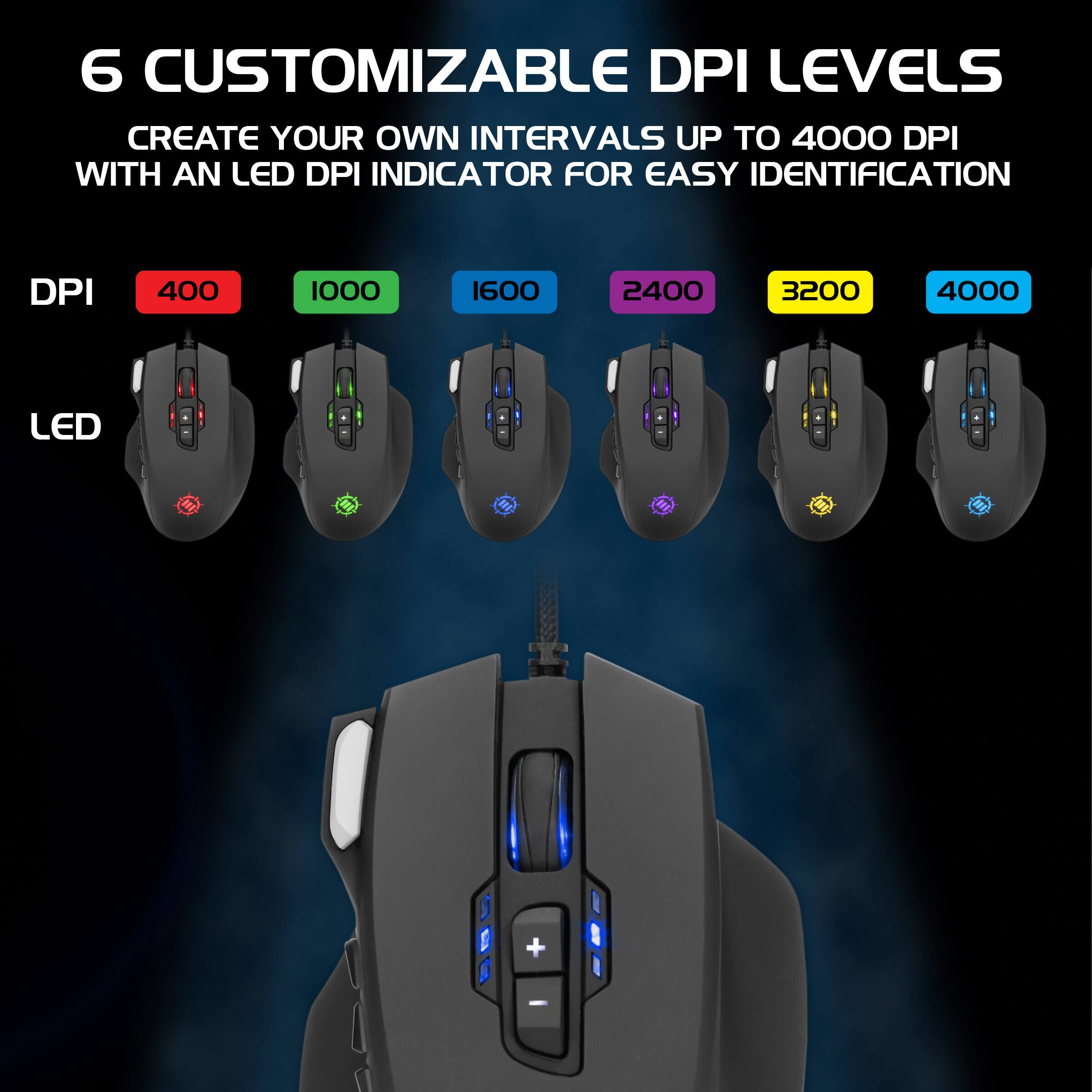 6 CUSTOMIZABLE DPI LEVELS  
CREATE YOUR OWN INTERVALS UP TO 4000 DPI WITH AN LED DPI INDICATOR FOR EASY IDENTIFICATION  

DPI: 400, 1000, 1600, 2400, 3200, 4000  
LED