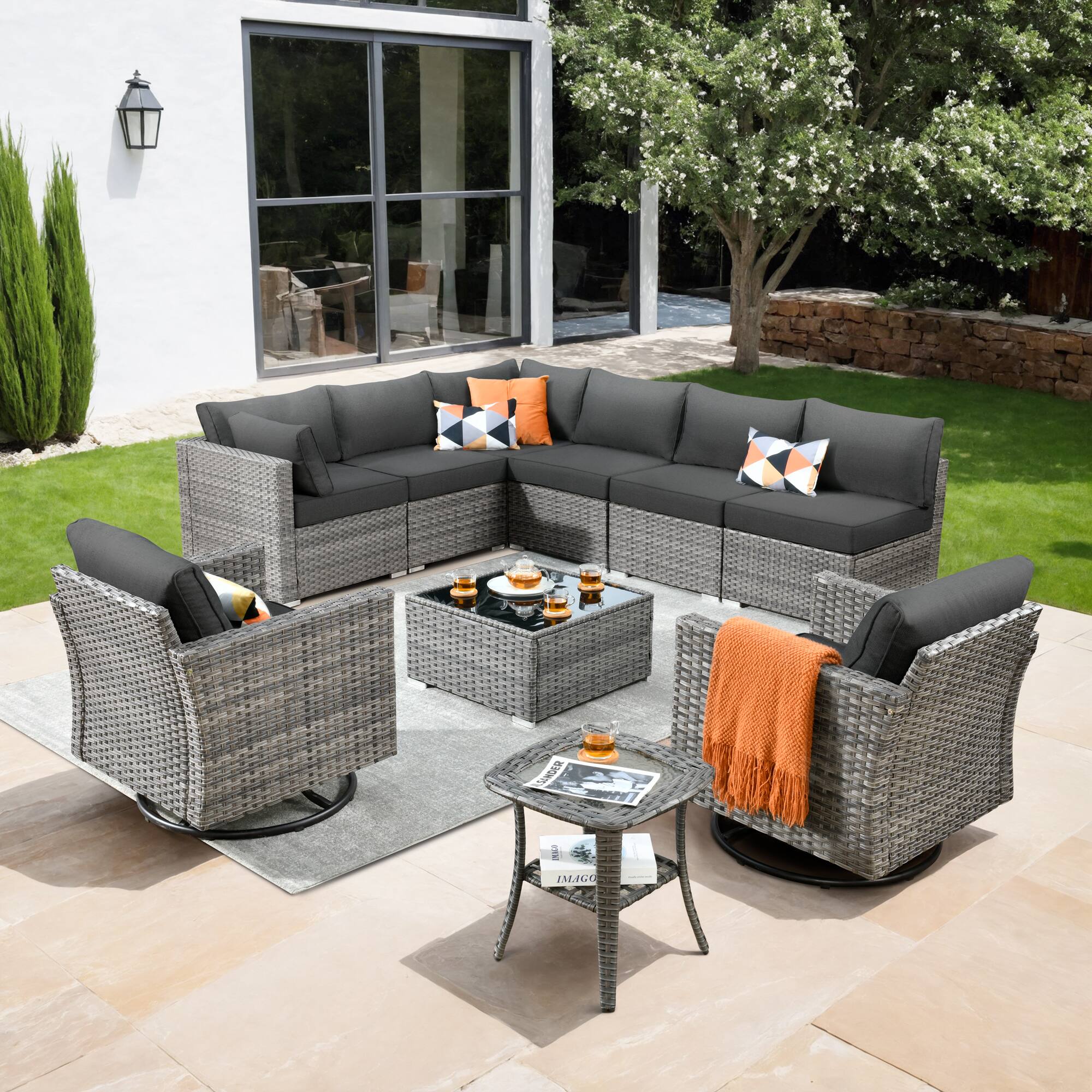 Ovios - 10 PCS Patio Furniture Wicker Sofa with Swivel Chair, Coffee Table and Side Table for Garden - Black