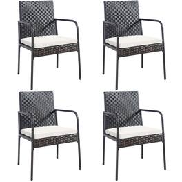 Costway - 4PCS Patio Wicker Rattan Dining Chairs Cushioned Seats Armrest Garden - Mixed Brown,Off White
