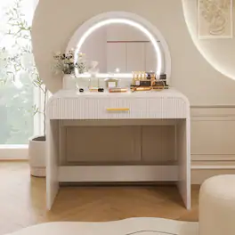 Loheer - Makeup Vanity Table with Touch Screen Lighted Mirror and Drawer - White