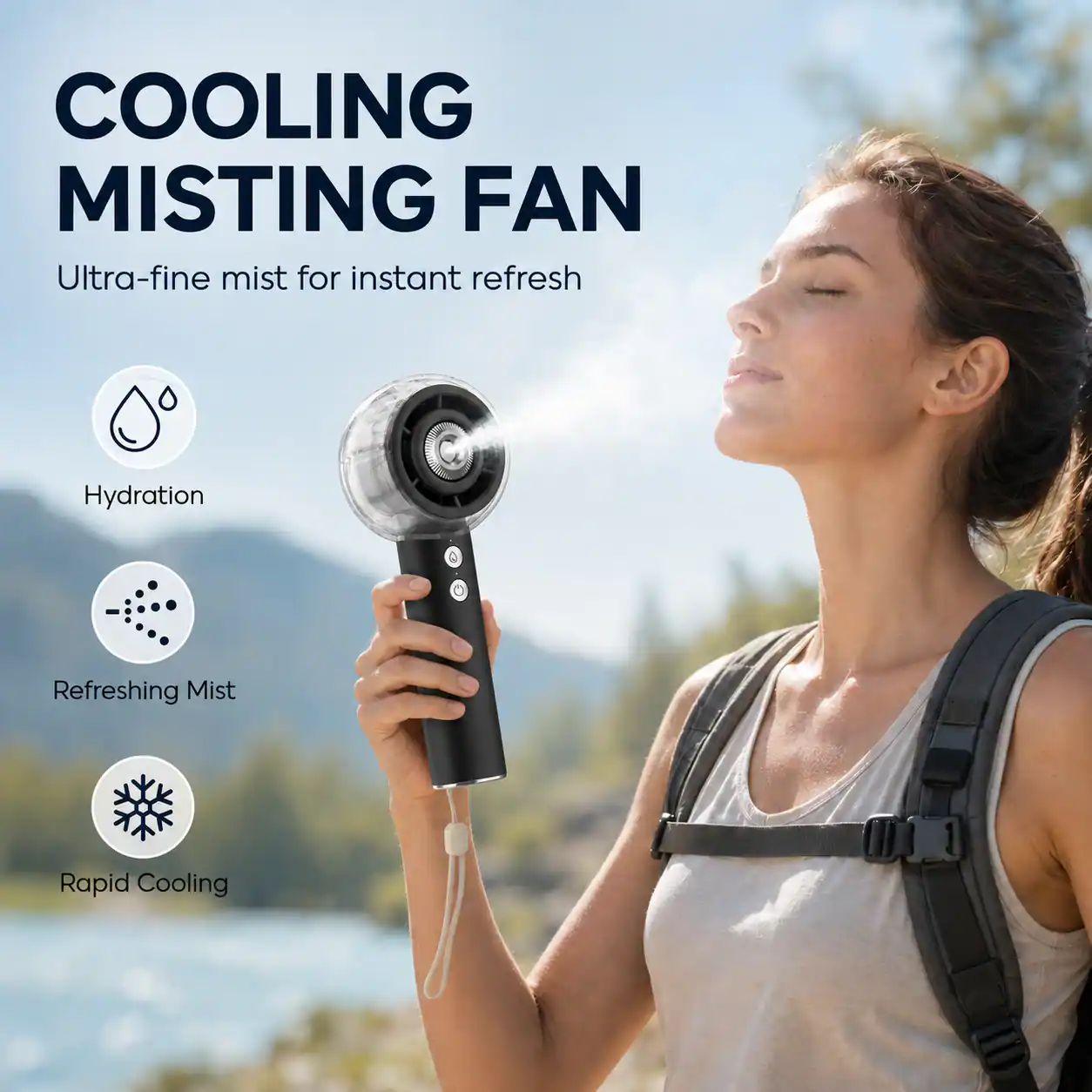 COOLING MISTING FAN  
Ultra-fine mist for instant refresh  
Hydration  
Refreshing Mist  
Rapid Cooling