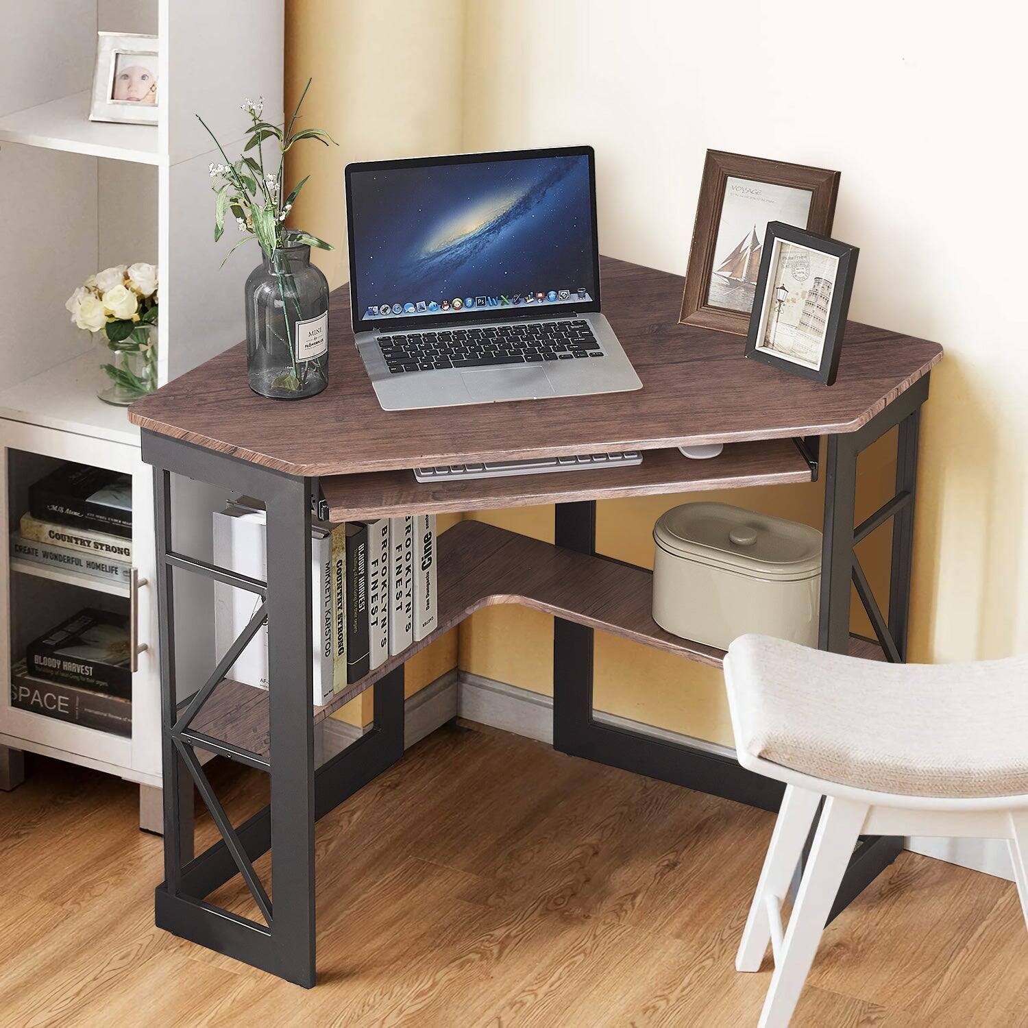 Vecelo - 41" Corner Computer Desk with Keyboard Tray & Storage Shelf - Triangle Space Saving Design, Metal Frame for Home Office - Brown