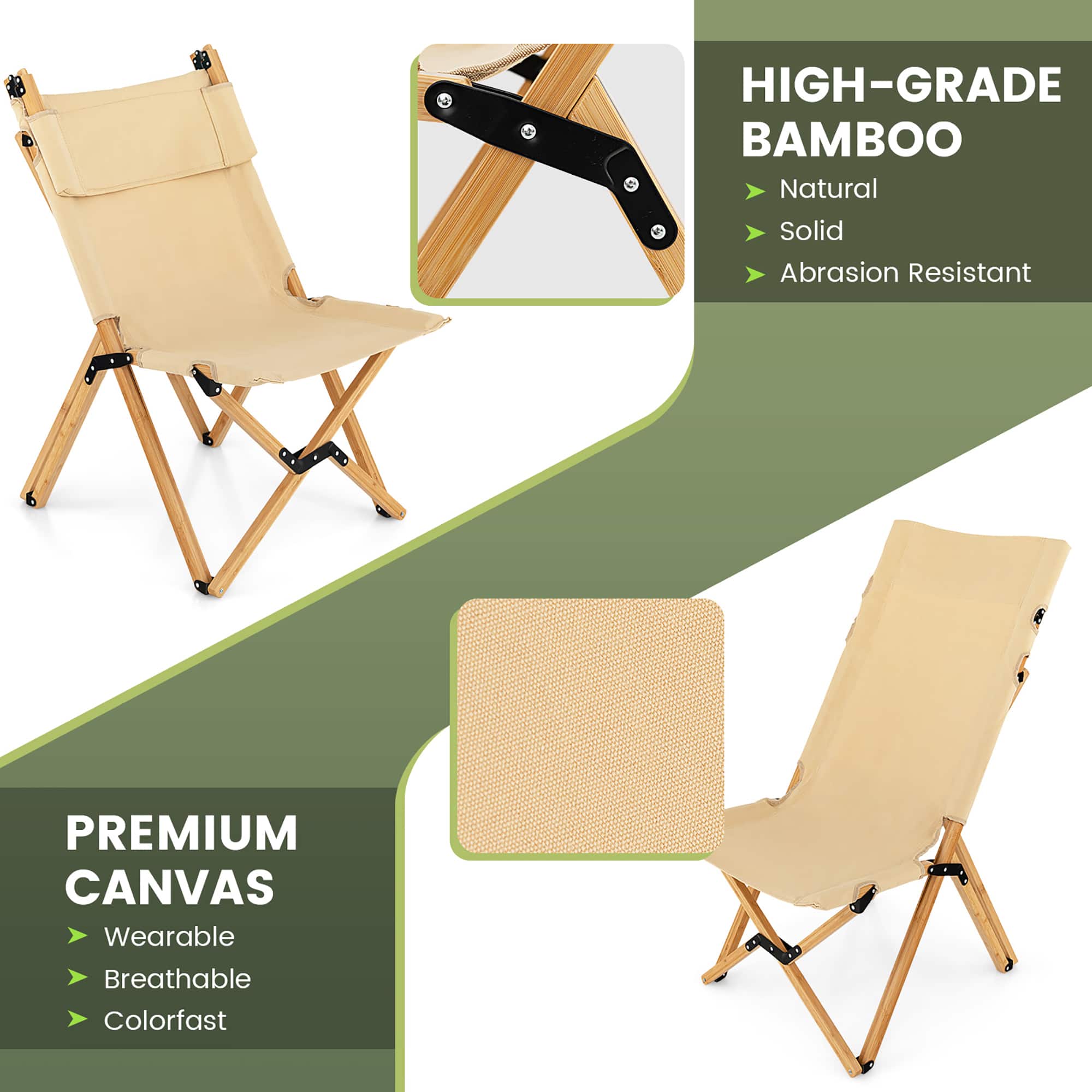 The image features a chair made of high-grade bamboo, which is a natural and solid material with abrasion resistance. The chair is also equipped with a premium canvas that is wearable, breathable, and colorfast. The chair is designed to be comfortable and durable, making it an ideal choice for outdoor activities or everyday use.