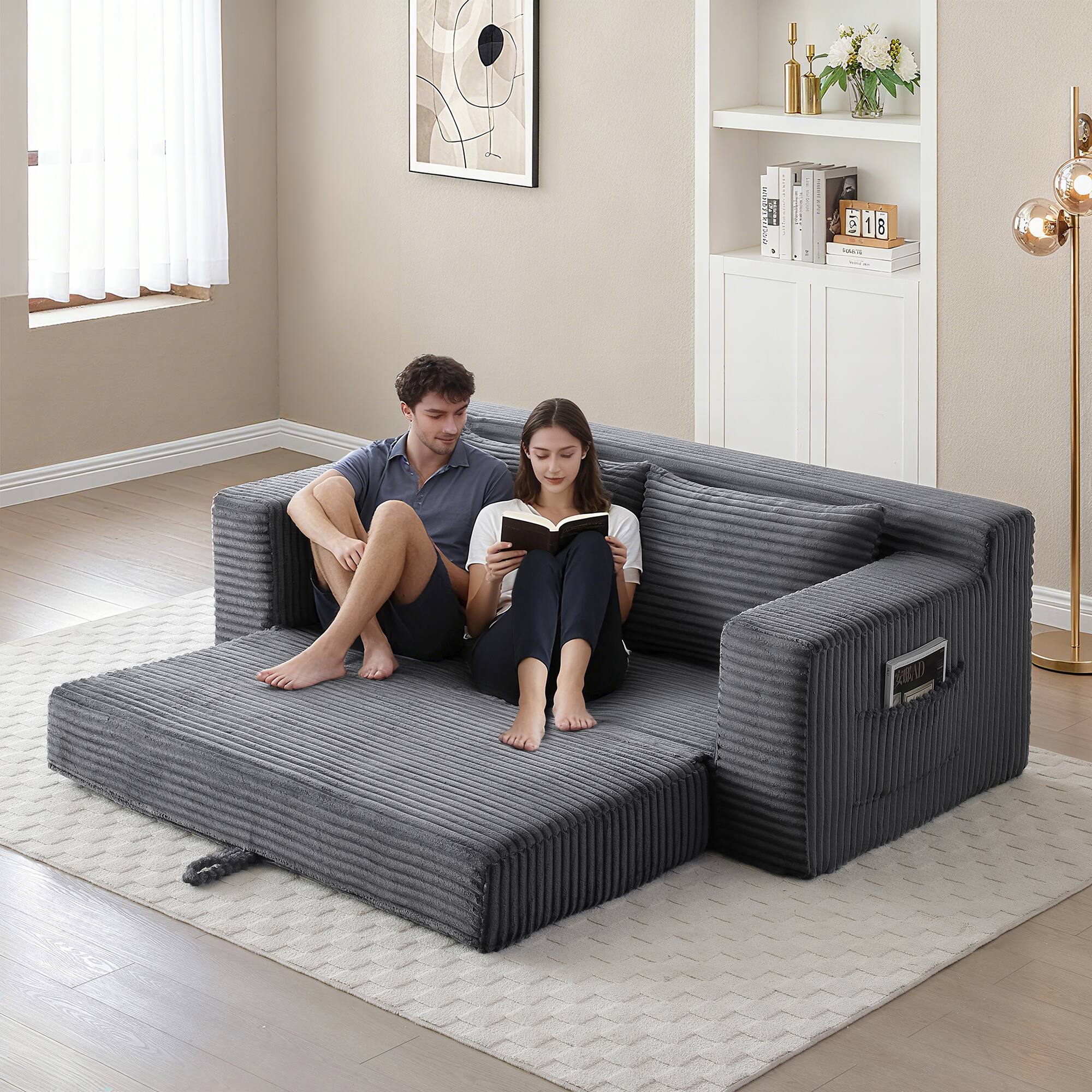 Left. Trinkets Crazed - Memory Foam Cloud Loveseat Sofa,2 in 1 Convertible Folding Couch Bed,No Assembly Compressed Corduroy Floor Lounge Sofa - Gray.