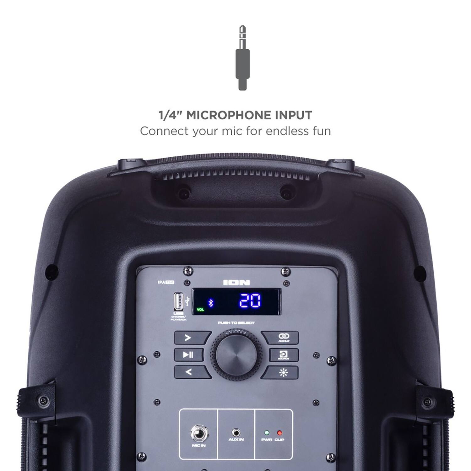 1/4" MICROPHONE INPUT  
Connect your mic for endless fun  

PHONE INPUT  
c for endless fun  

IPA50  

20  

IPA50 SELECT  

PUSH TO TALK  

MIC IN  

ALARM  

POWER CLEAR